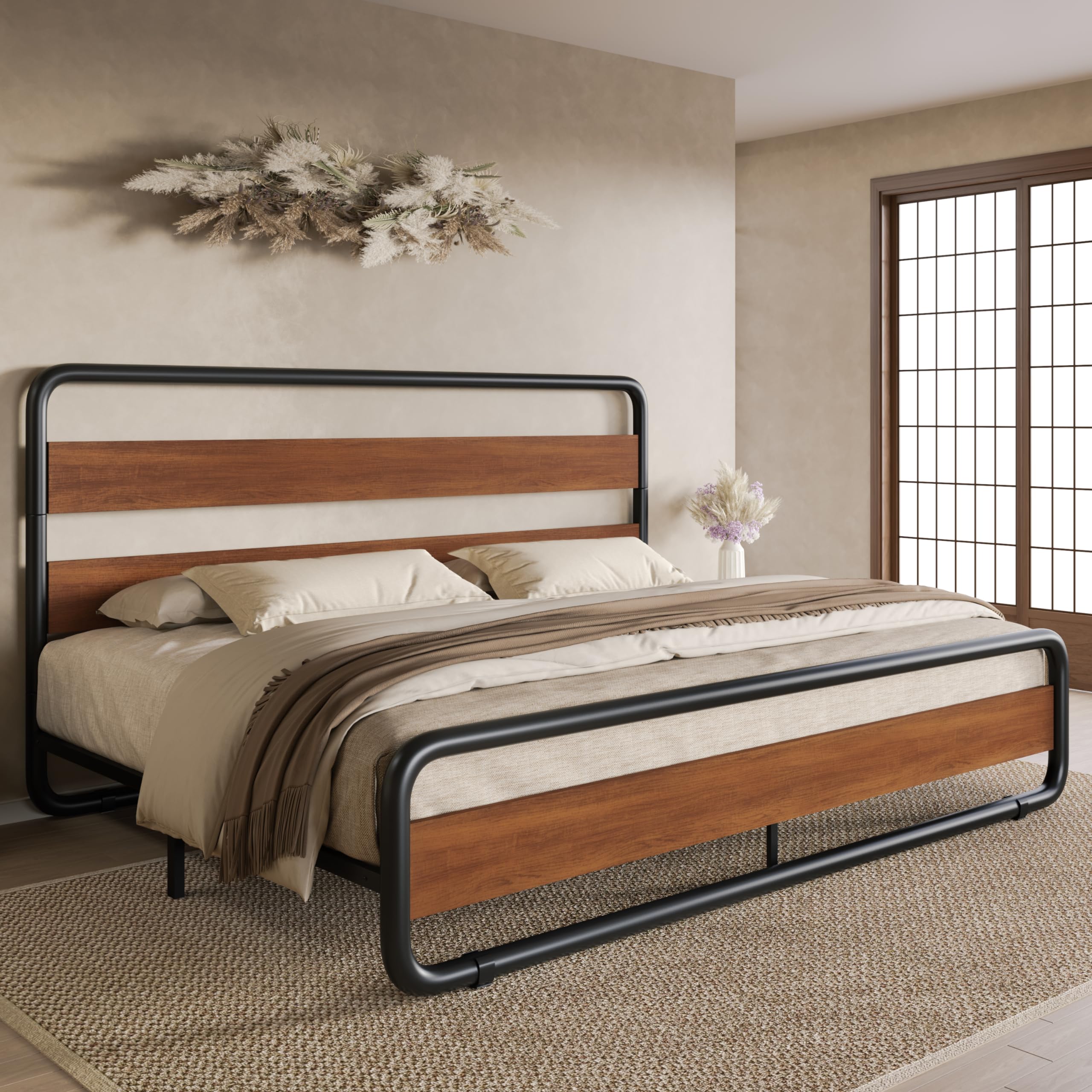 SHA CERLIN King Size Metal Bed Frame with Wooden Headboard and Footboard, Heavy Duty Platform Bed Frame with 10 Under-Bed Storag