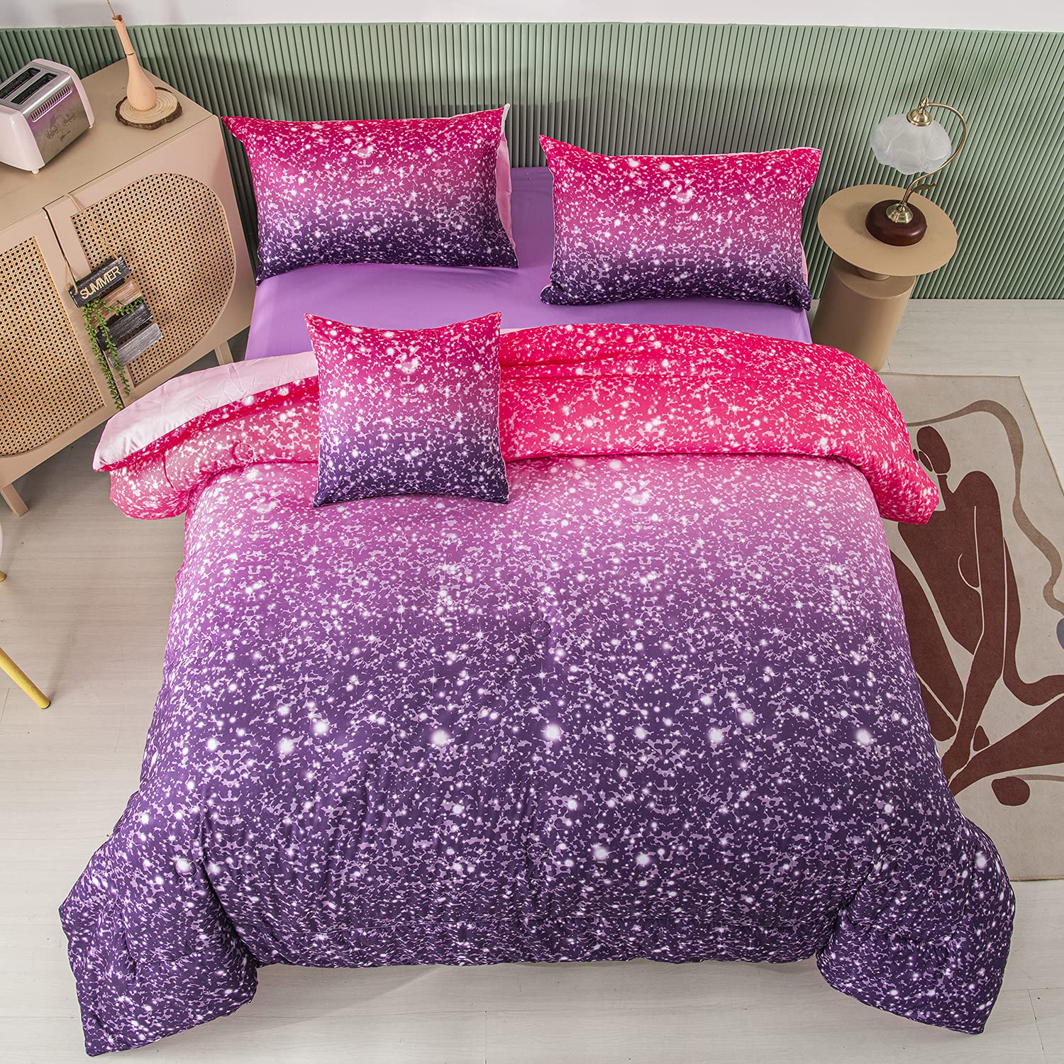 PERFEMET Pink Purple Girls Queen Comforter Set with Sheets 6 Pieces Colorful Rainbow Tie Dye Kids Bedding Set Sparkle Glitter Om
