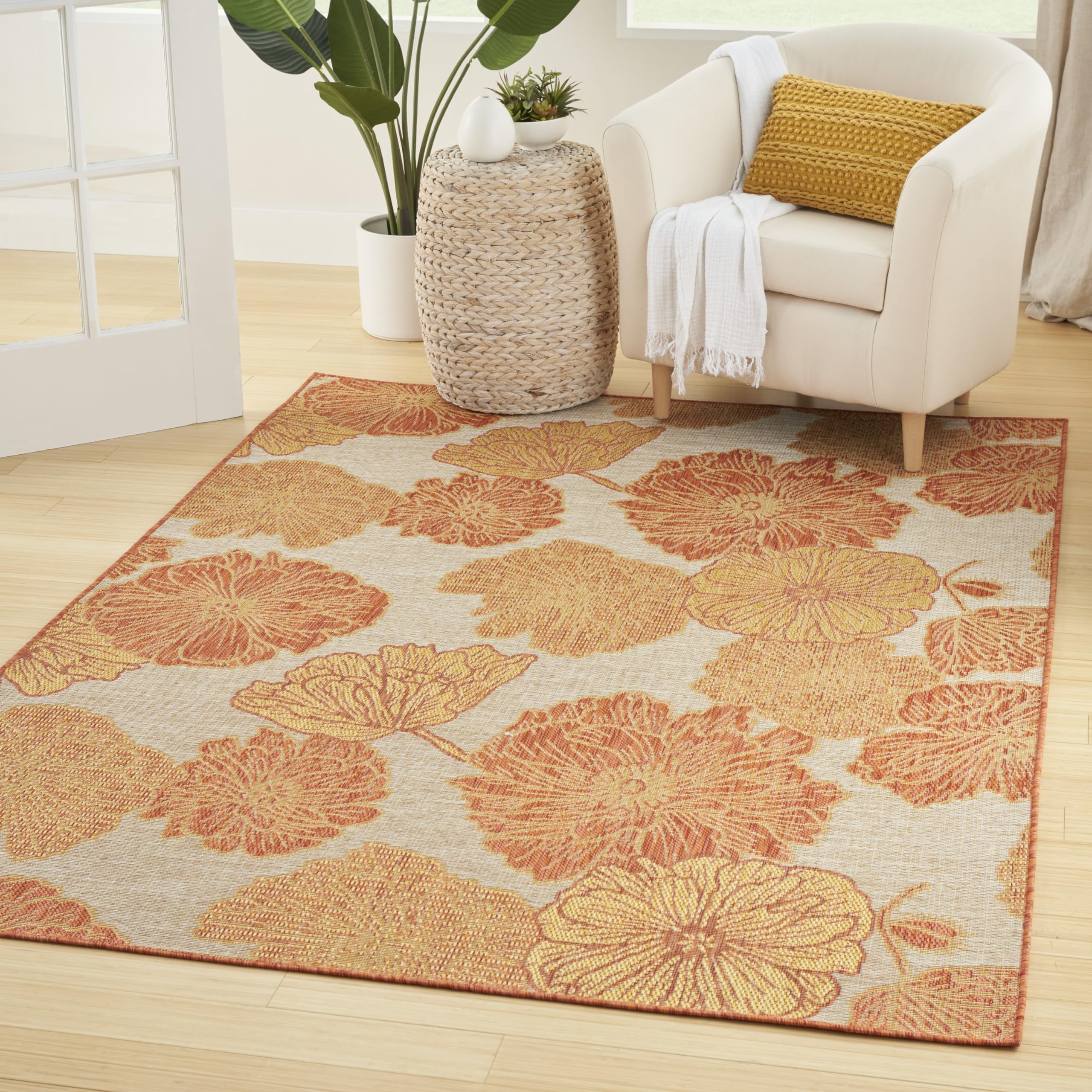 Nourison Garden Oasis Indoor/Outdoor Coral 5 x 7 Area Rug, Easy Cleaning, Non Shedding, Bed Room, Living Room, Dining Room, Ba