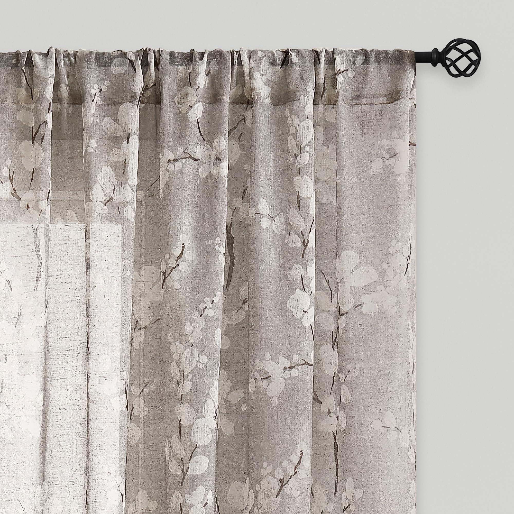 Fmfunctex Linen Sheer Curtains for Bedroom, Tan White Blossom Print Curtains 96 Inches Long for Living Room, Taupe Floral Patter
