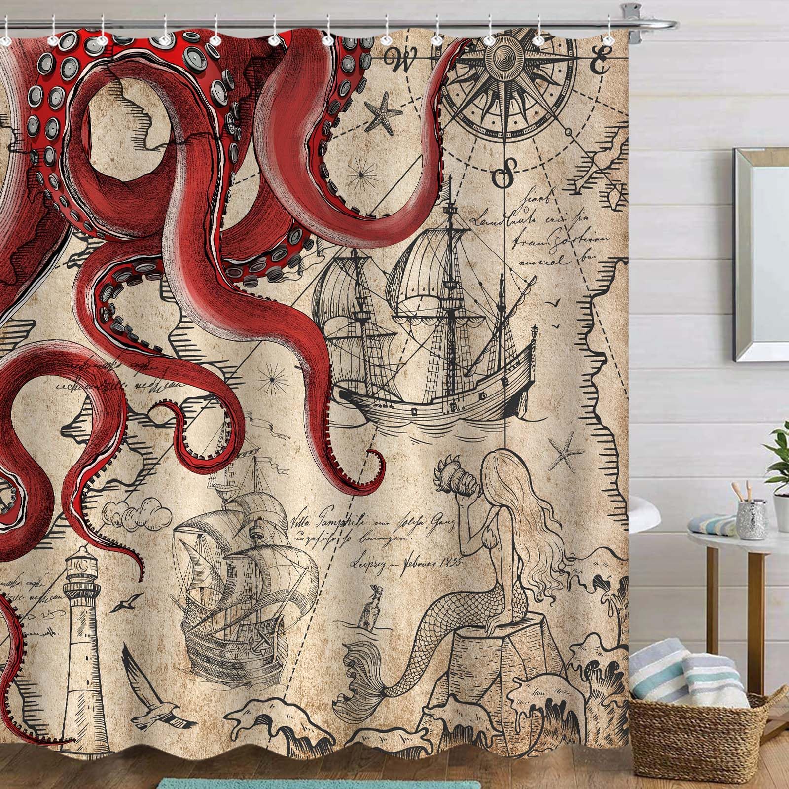 Fungarth Long Vintage Red Nautical Octopus Shower Curtain Mermaid Funny Ocean Kraken Shower Curtains for Bathroom Cool Anchor Co
