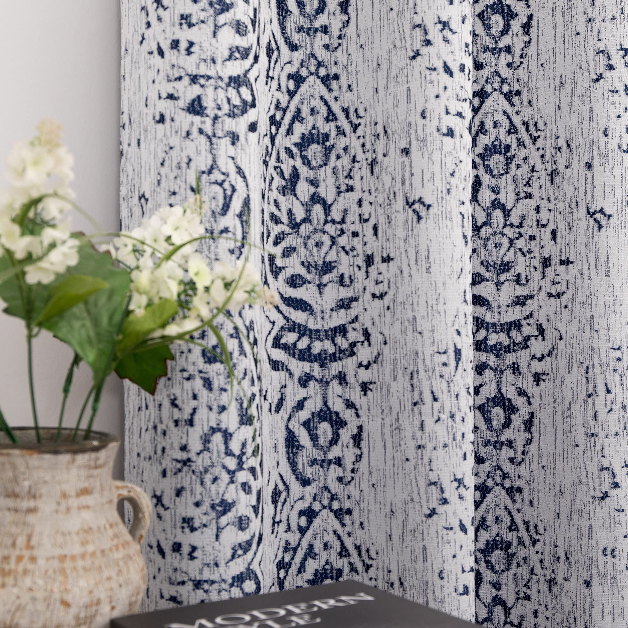 Living Room Curtains 63 Inch Length 2 Panels with Ikat Ogee Design Window Treatments Grommet 50% Heat Blocking Coastal Unique Mo