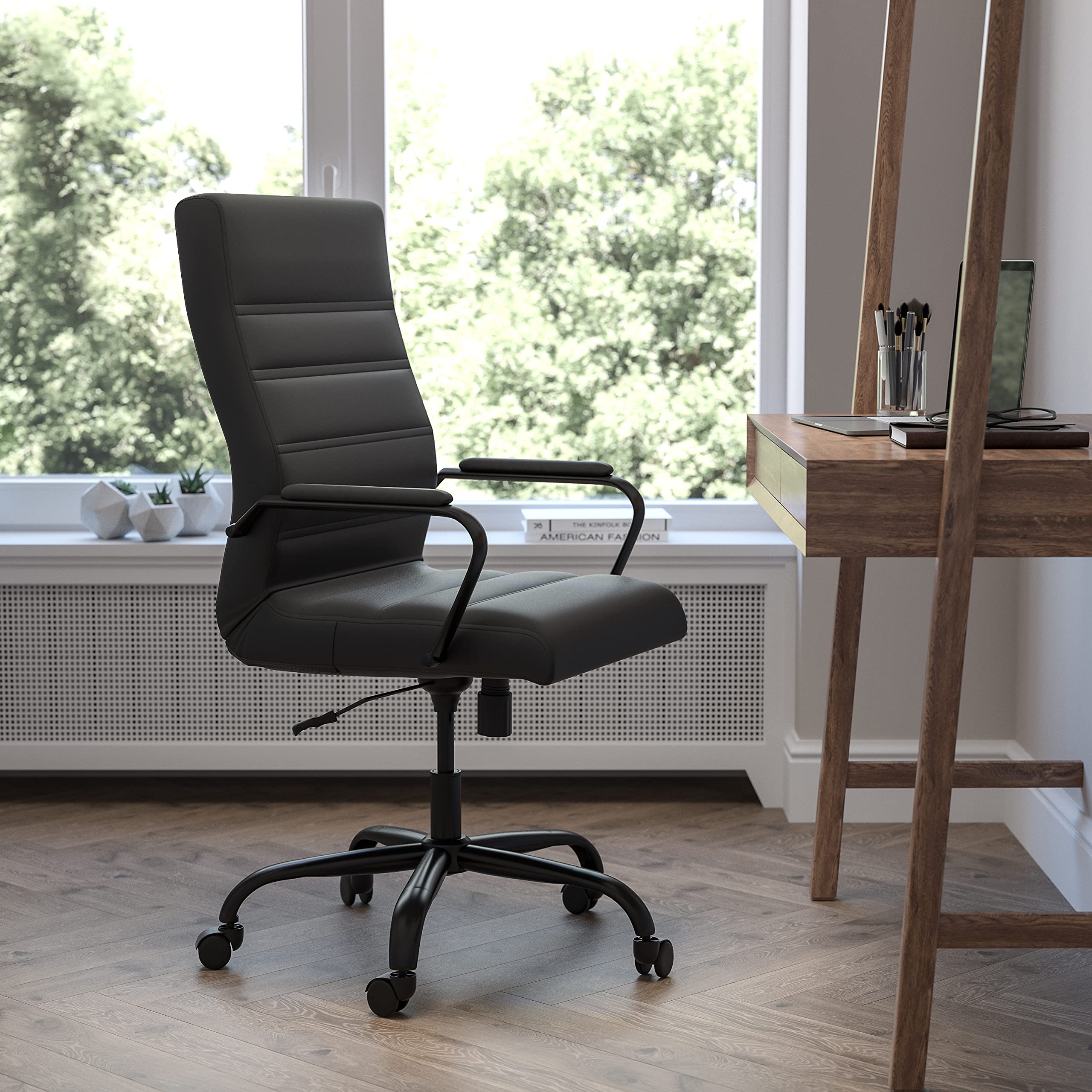 EMMA + OLIVER High Back Brown LeatherSoft Executive Swivel Office Chair with Black Frame/Arms