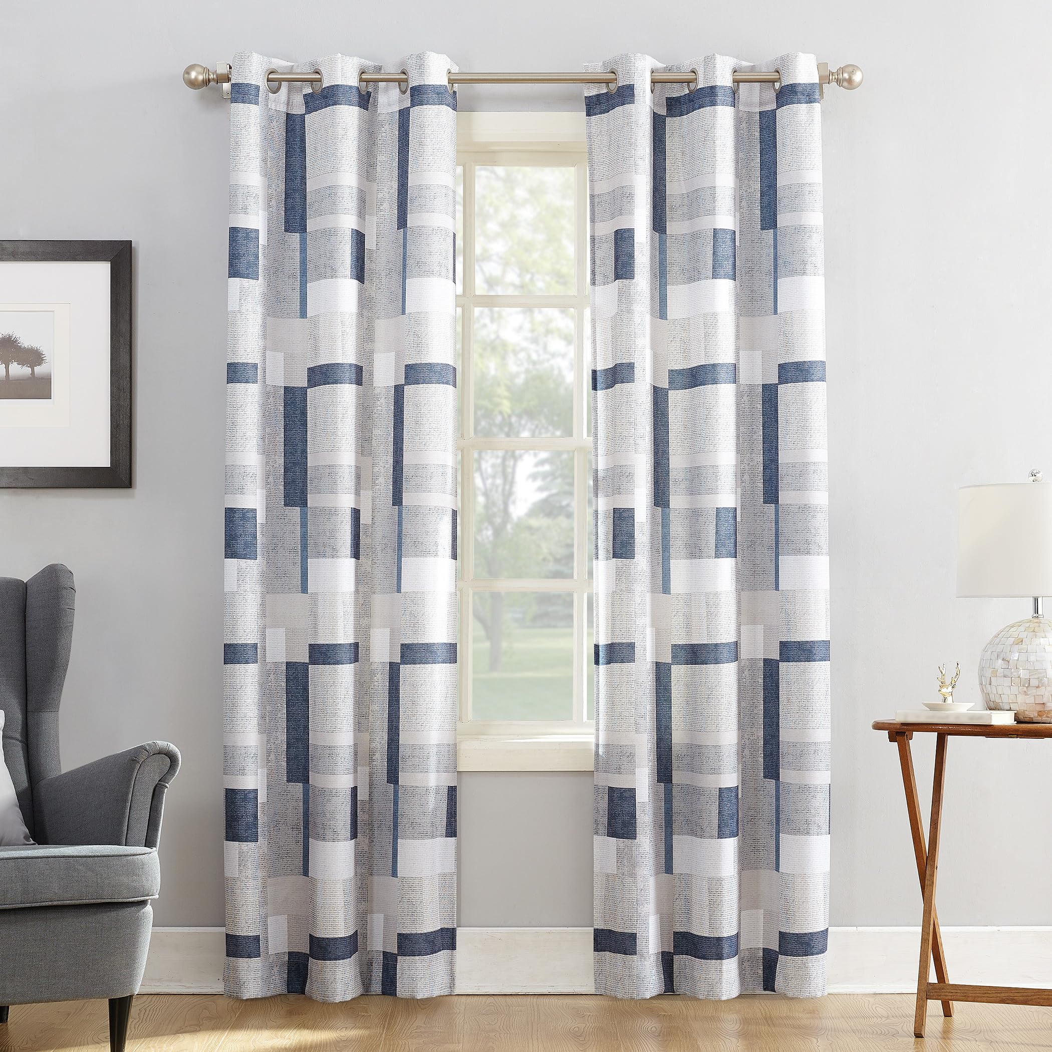 No. 918 Blockade Geometric Blocks Semi-Sheer Grommet Curtain Panel, 40 x 84, Navy