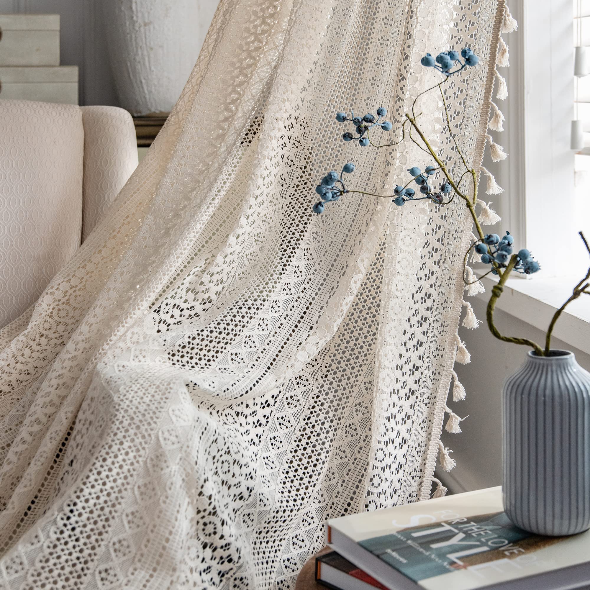 JOOJA 2 Panels Boho Curtains for Living Room Bohemian Lace Sheer Curtains Crochet Vintage Beige Curtains for Bedroom (Crochet Be