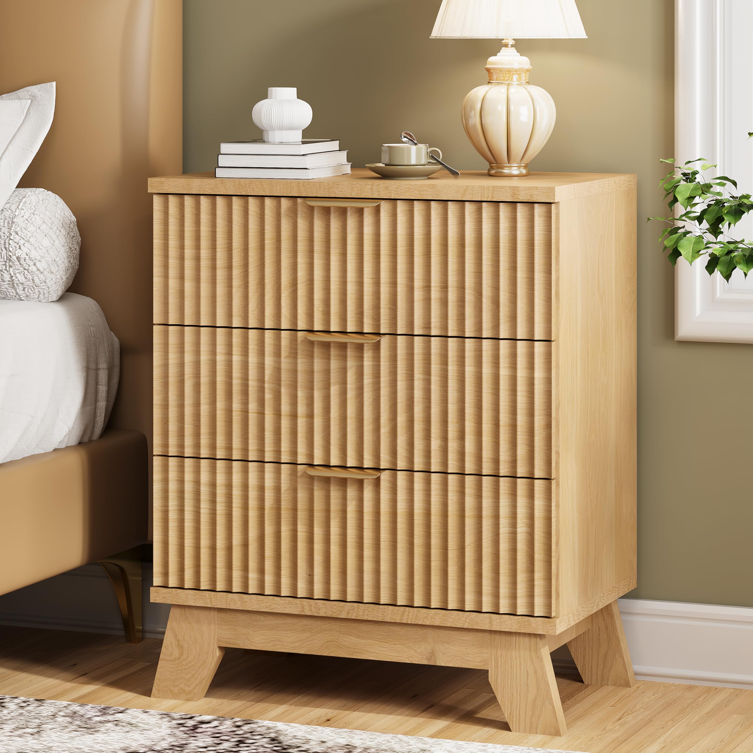 Fluted Nightstand, 24  Wide Side Table with 3 Large Storage Drawers, Mid Century Modern Wood Night Stand with Metal Handle, Wood