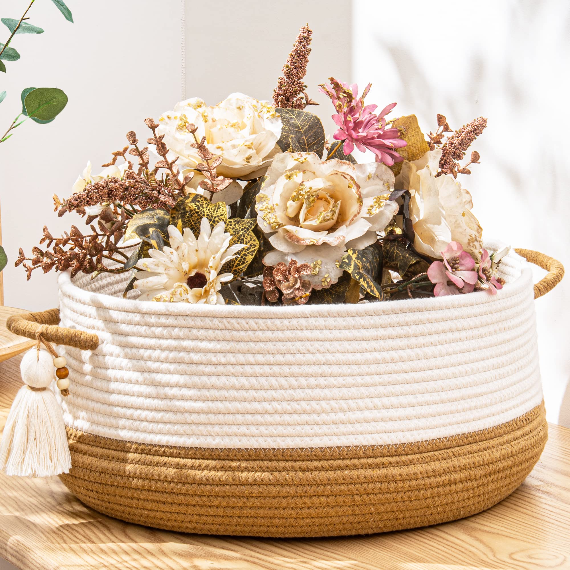 KAKAMAY Woven Baskets for Storage(16 x8 ),Blanket Basket for Organizing Living Room,Cotton Rope Basket Woven Baby Laundry Hamper