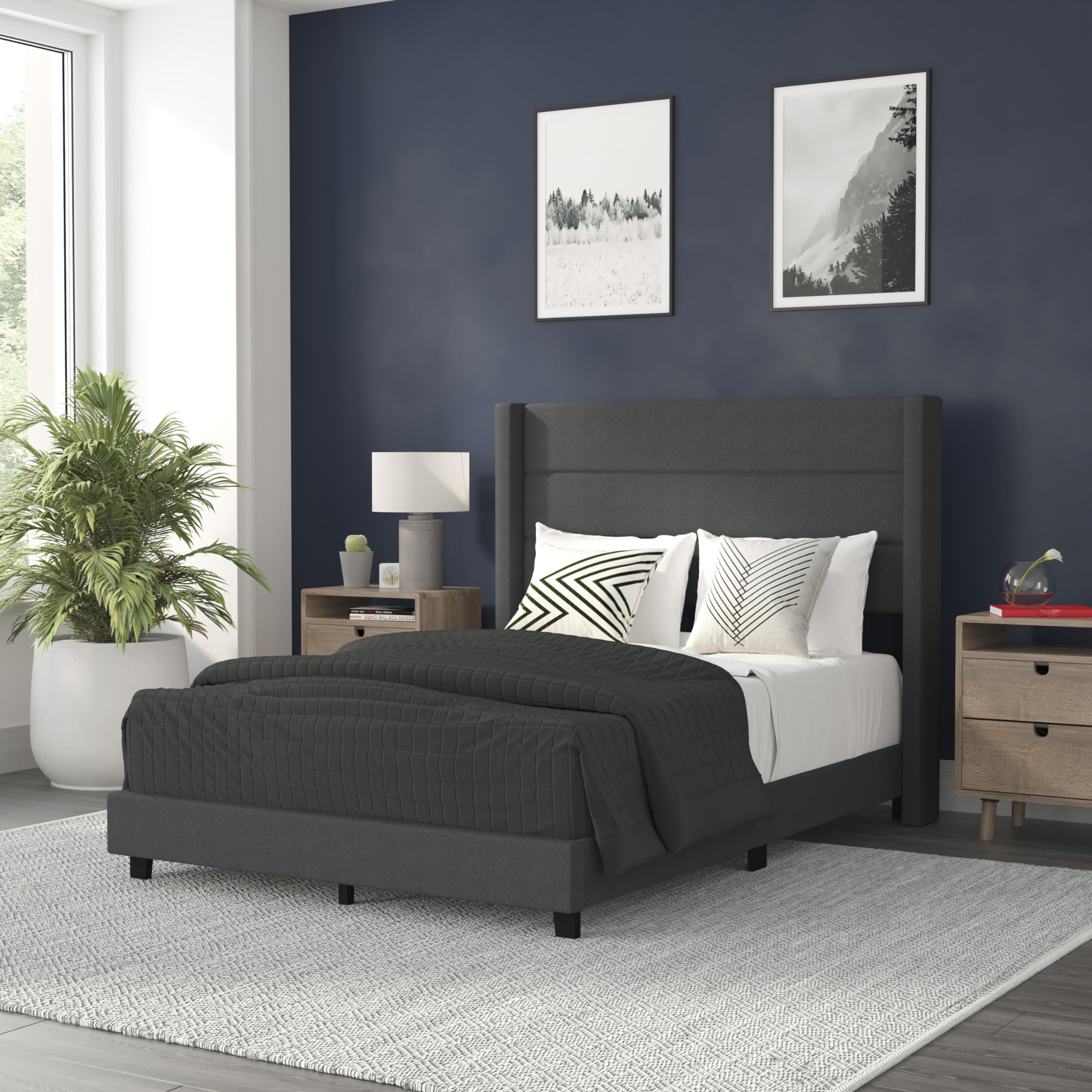Flash Furniture Hollis Upholstered Platform Bed - Charcoal Faux Linen Wingback Headboard - Full - Mattress Foundation with Slatt