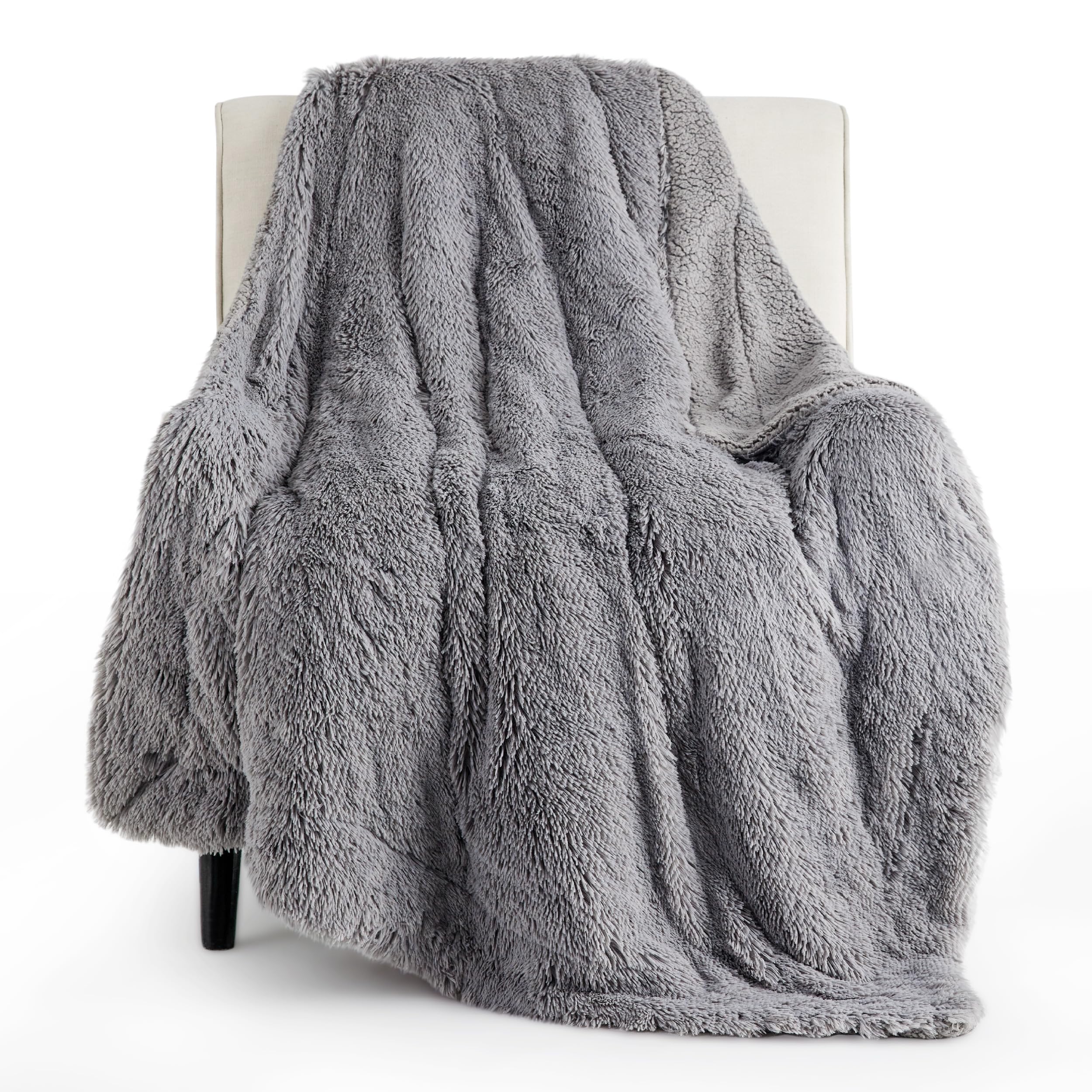 Bedsure Fluffy Faux Fur Light Grey Throw Blanket - Fuzzy, Cozy, and Shaggy Gray Blanket, Soft and Thick Sherpa, Cozy Warm Decora