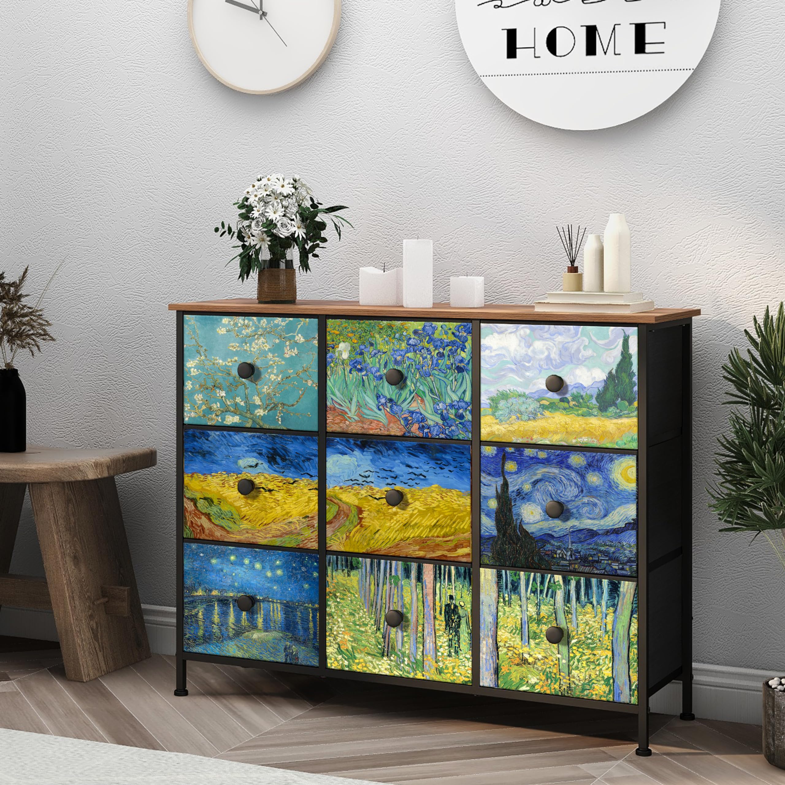 EXOTICA Van Gogh 9 Drawers Dresser Wide TV Stand Colorful Dressers & Chest of Drawers Enterway Furniture for Bedroom Living Room