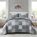 Mybedsoul Black Grey Boho Quilt Set King Size,3 Pieces Plaid Floral Bedspread Coverlet Set for All Season,Patchwork Reversible B