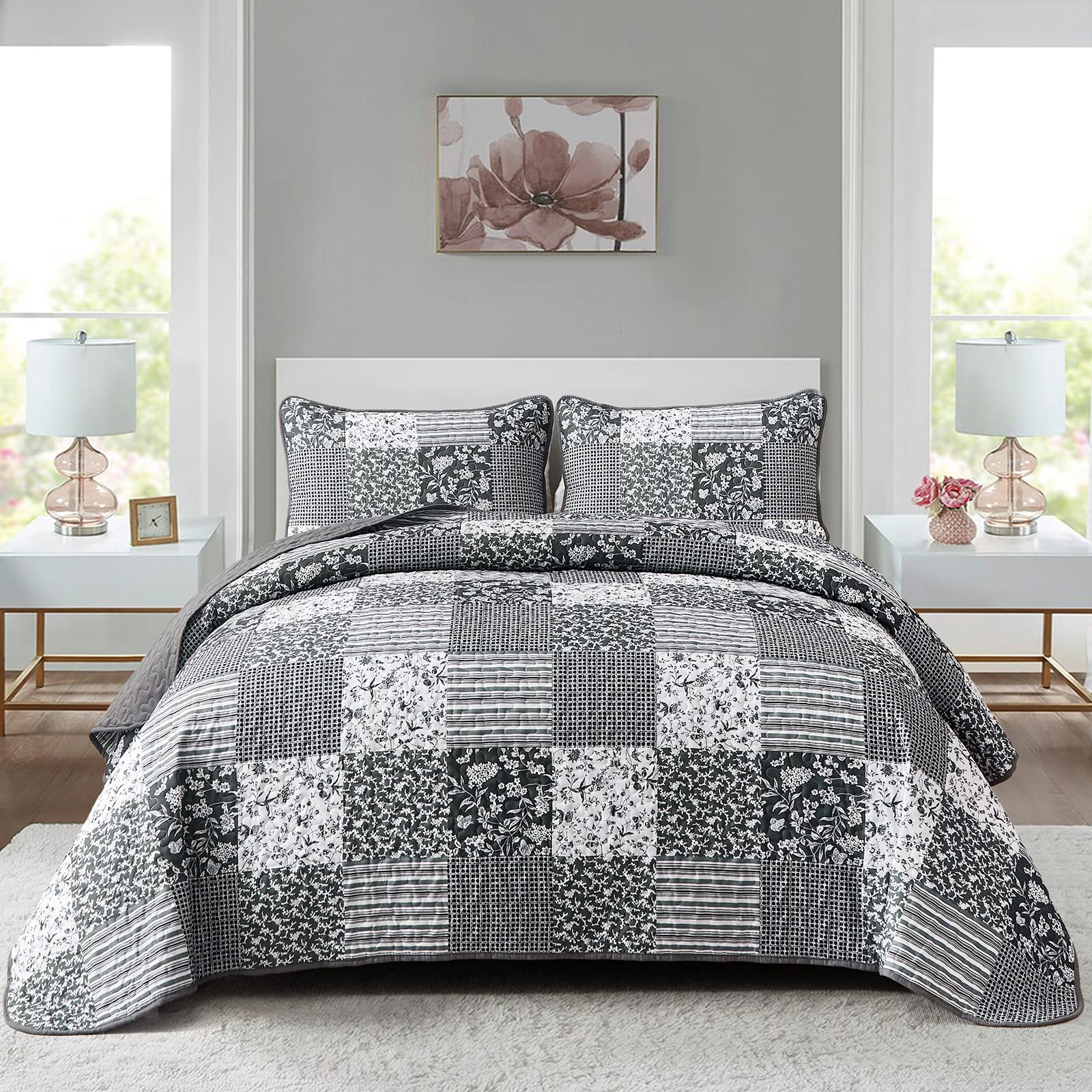 Mybedsoul Black Grey Boho Quilt Set King Size,3 Pieces Plaid Floral Bedspread Coverlet Set for All Season,Patchwork Reversible B