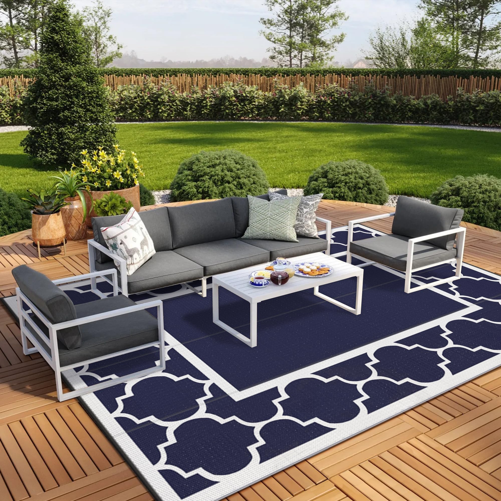 GENIMO 10 x 14 Outdoor Rug Waterproof for Patio, Foldable Reversible Plastic Straw Area Rugs Mat for Rv Decor, Outside Carpet 