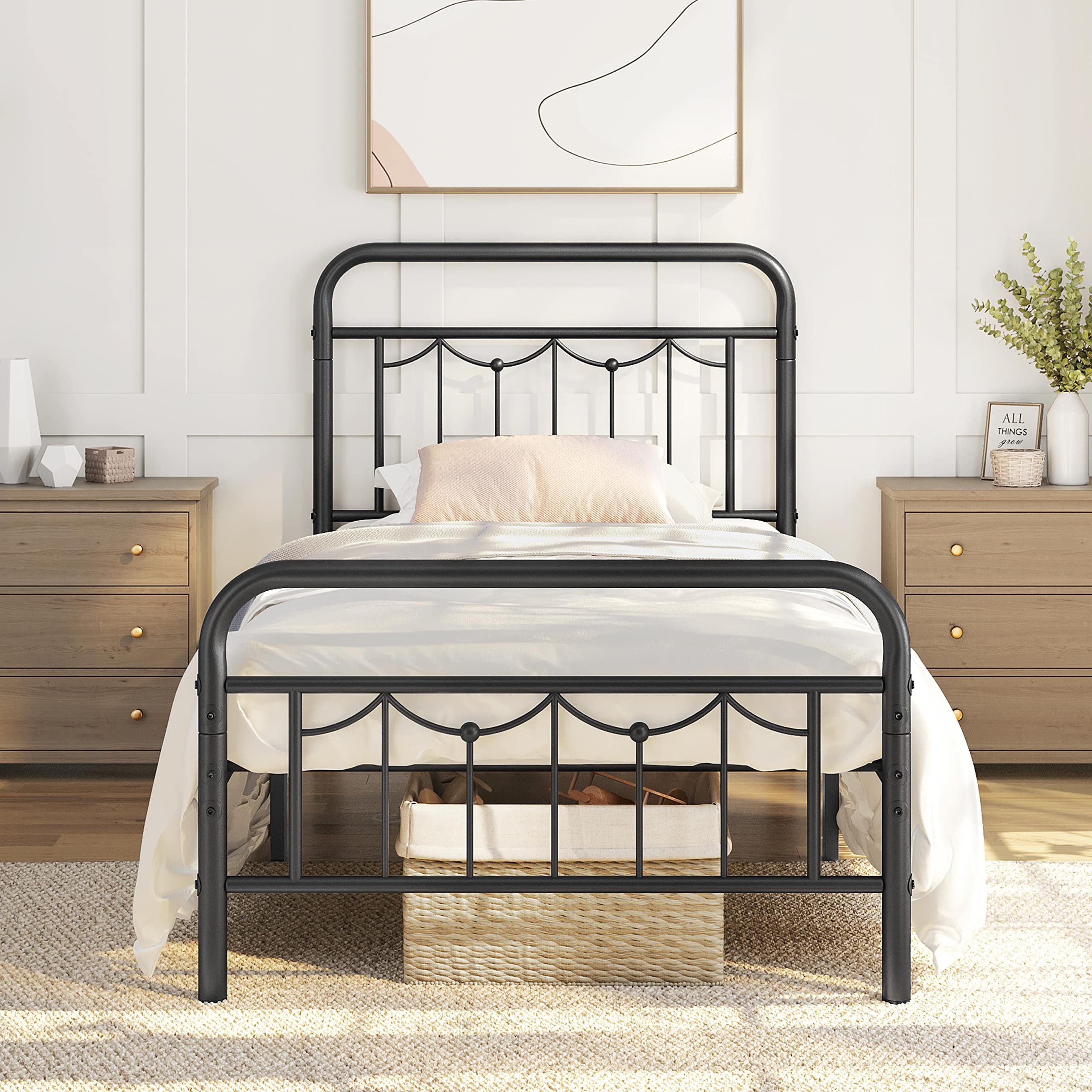 Yaheetech Twin Size Metal Bed Frames with Vintage Headboard and Footboard, Farmhouse Metal Platform Bed, Heavy Duty Steel Slat S