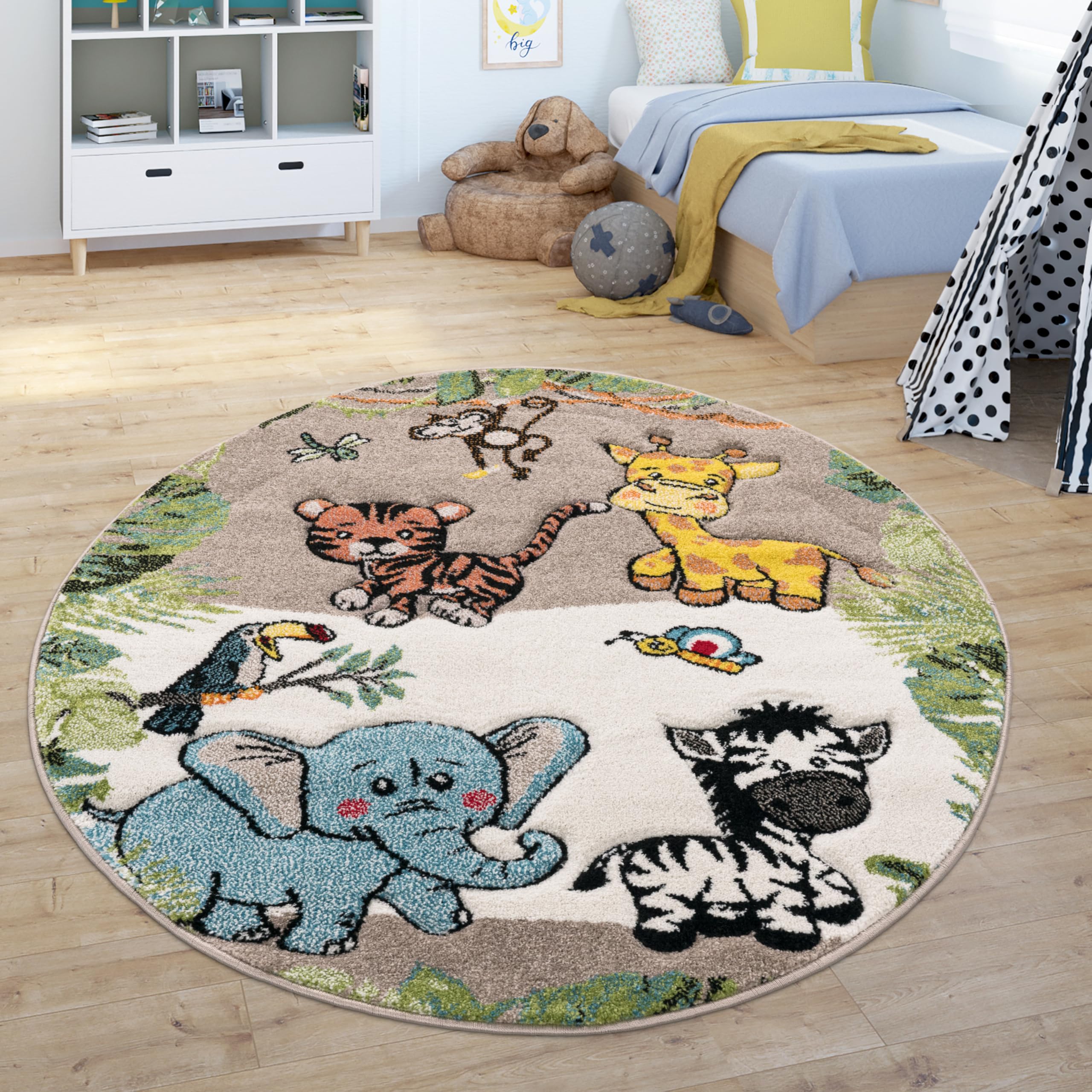 Paco Home Nursery Rug for Kids - Jungle Animals Giraffe Lion Monkey in Beige, Size:311 Round