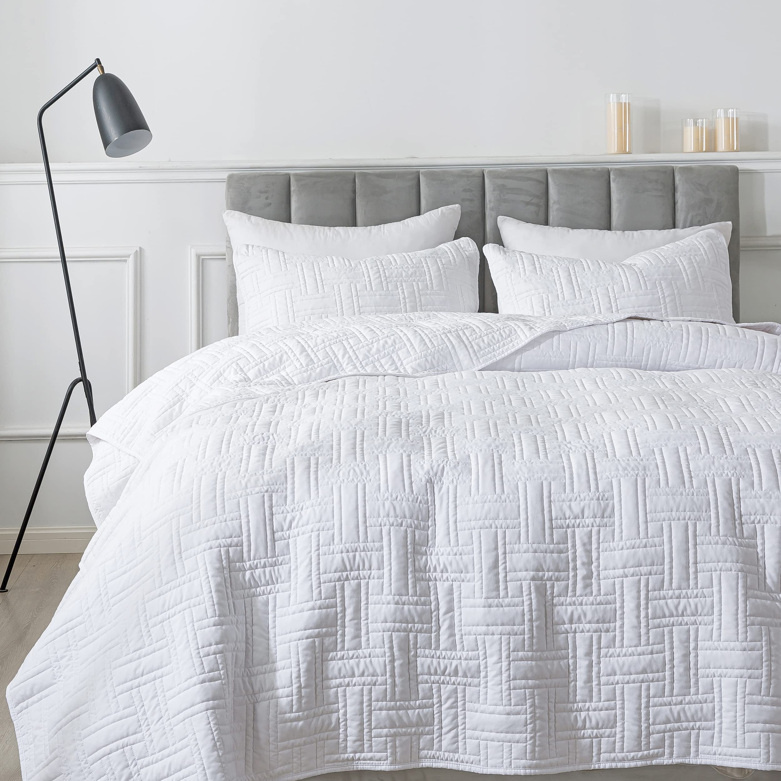 R.SHARE White Quilt Queen Size Bedding Sets with Pillow Shams, Lightweight Soft Bedspread Coverlet, Basket Weave Quilted Blanket