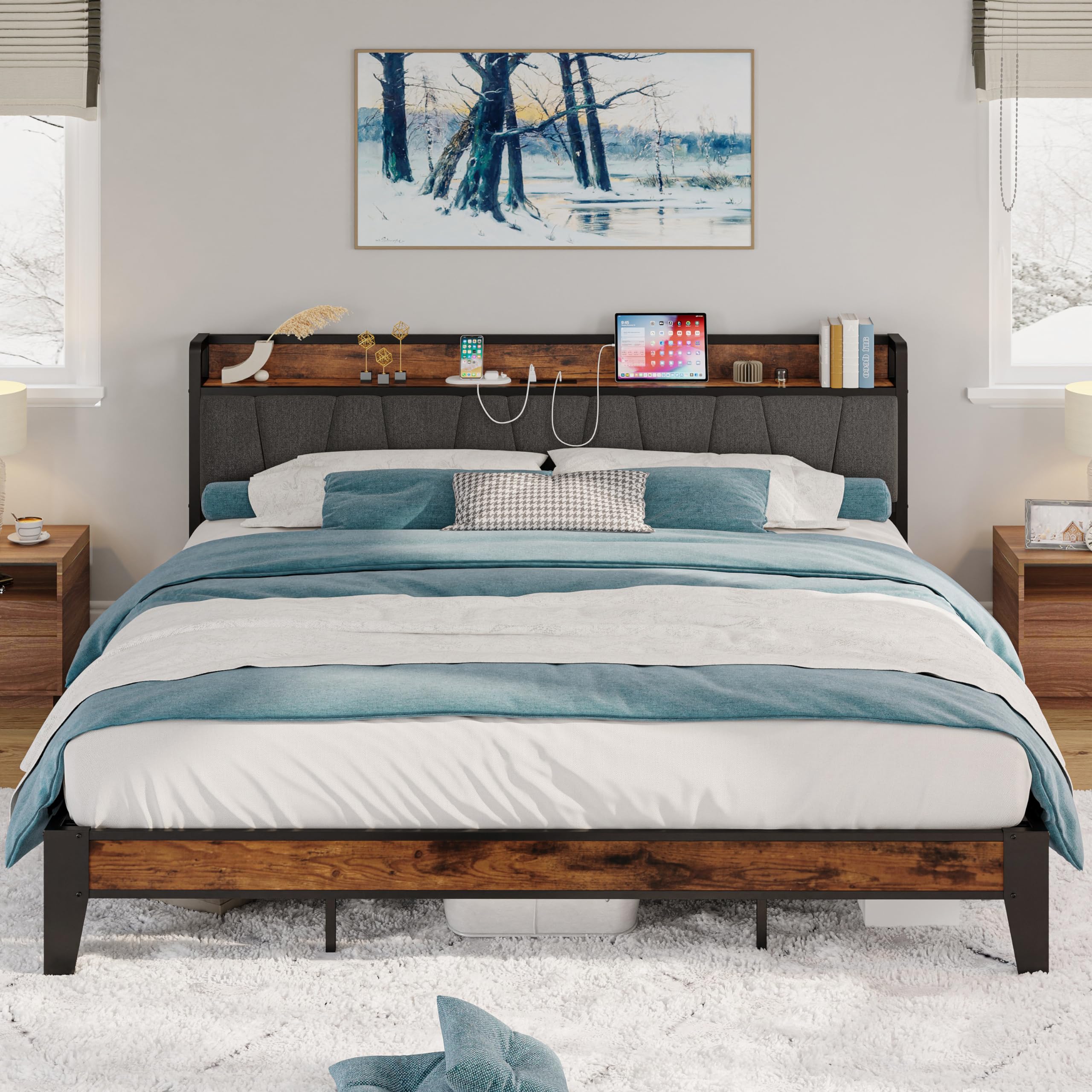 LIKIMIO California King Bed Frames, Storage Headboard with Charging Station, Solid and Stable, Noise Free, No Box Spring Needed,