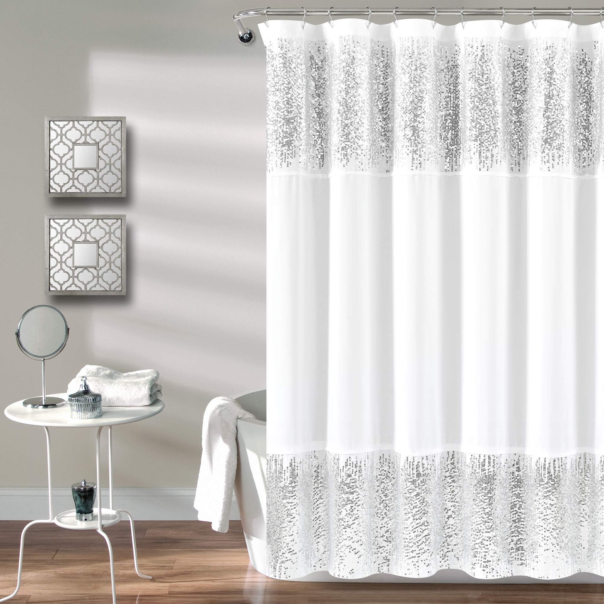 Lush Decor 1 Shimmer Sequins Shower Curtain | Chic Sparkle Design for Bathroom, 70    x 72   , Silver and White, 70 x 72