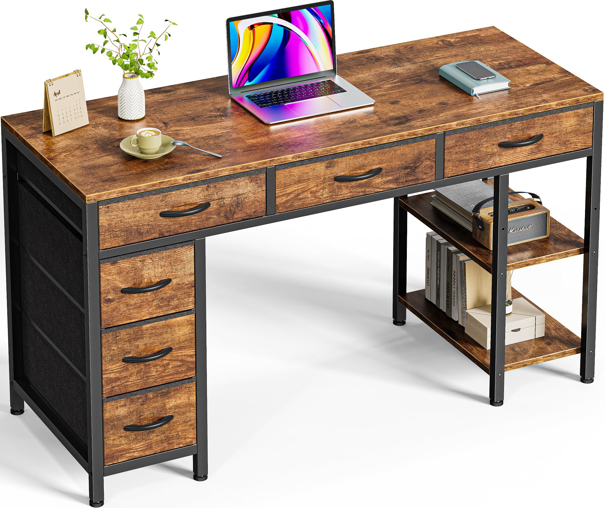 Huuger Computer Desk with 6 Drawers, 47 Inch Office Desk with Shelves, Reversible Gaming Desk, Corner Desk with Storage, Work De
