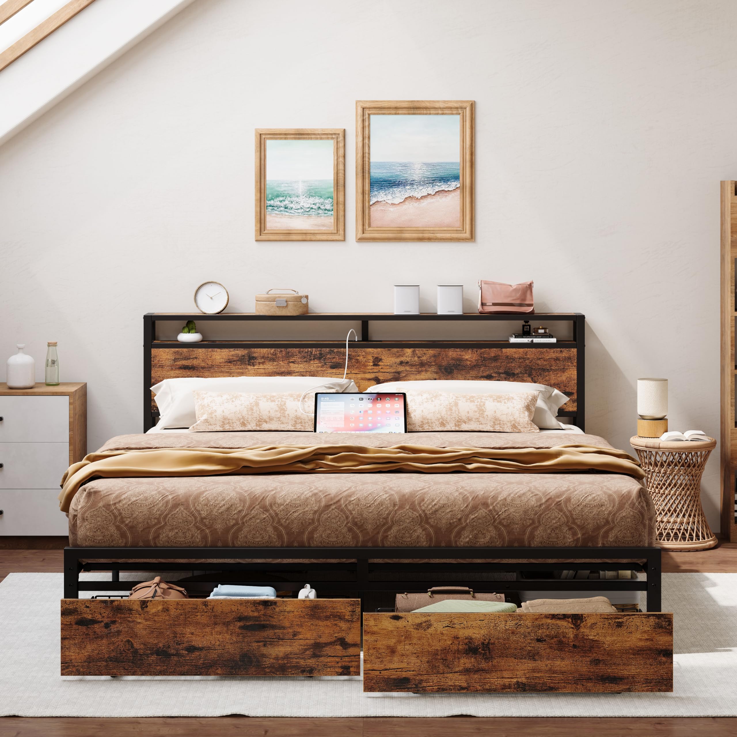 LIKIMIO California King Bed Frame with Storage Headboard, Platform Bed with Drawers and Charging Station, No Box Spring Needed, 