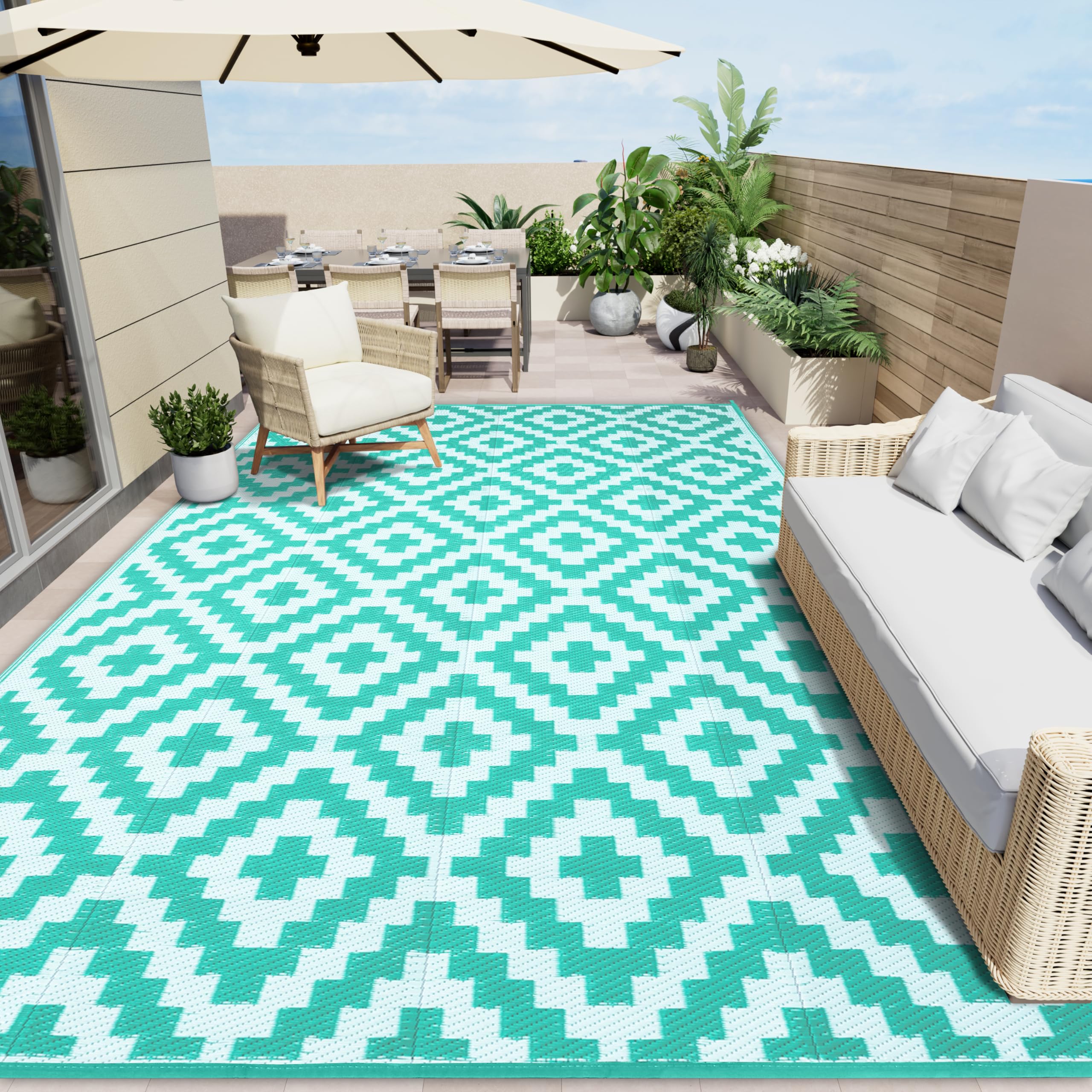 OLANLY Waterproof Outdoor Rug 9x12 ft, Outdoor Plastic Straw Rug for Camping, RV Mat Outside, Outdoor Carpet for Porch, Deck, Ba