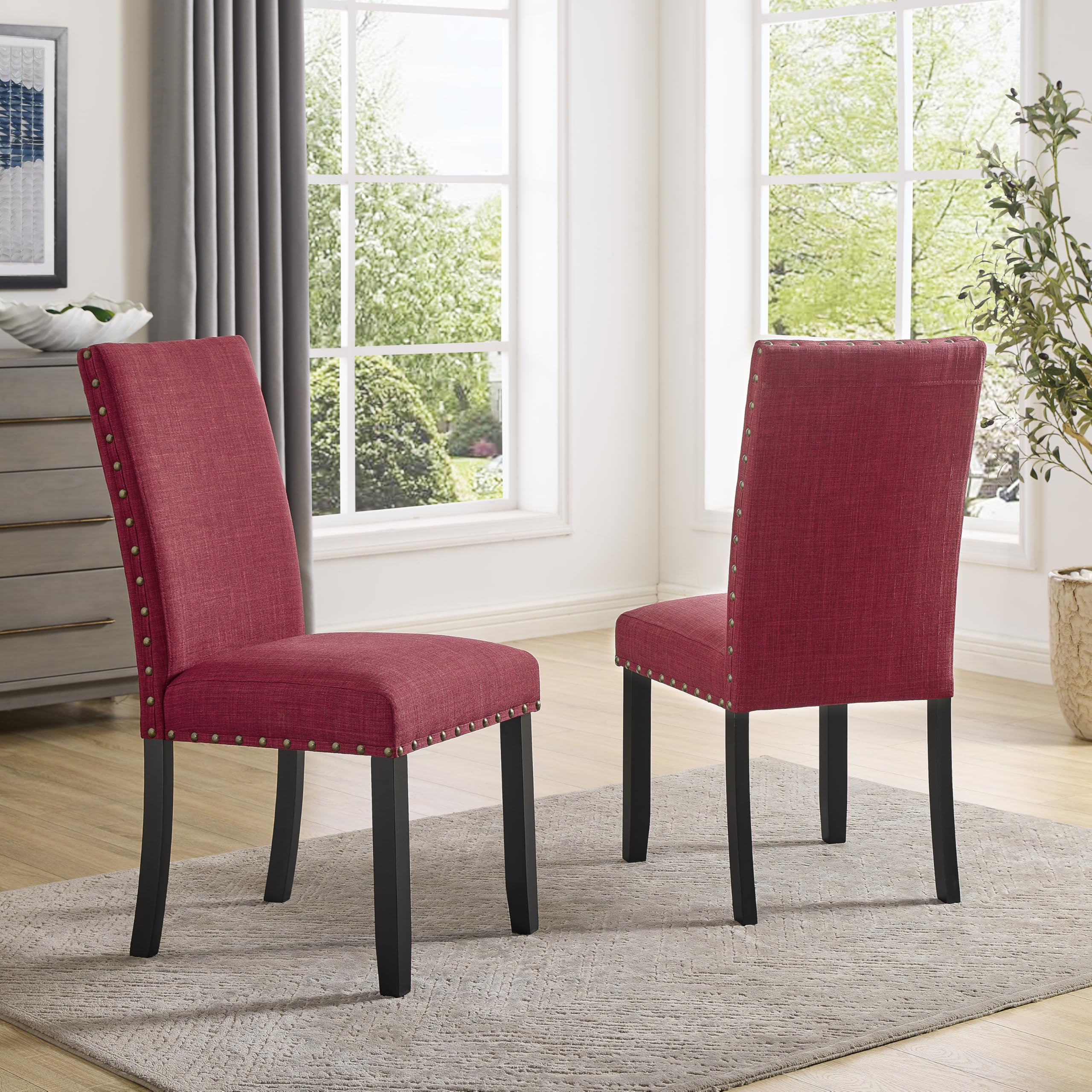 Roundhill Furniture Biony Fabric Dining Chairs with Nailhead Trim, Set of 2, Red