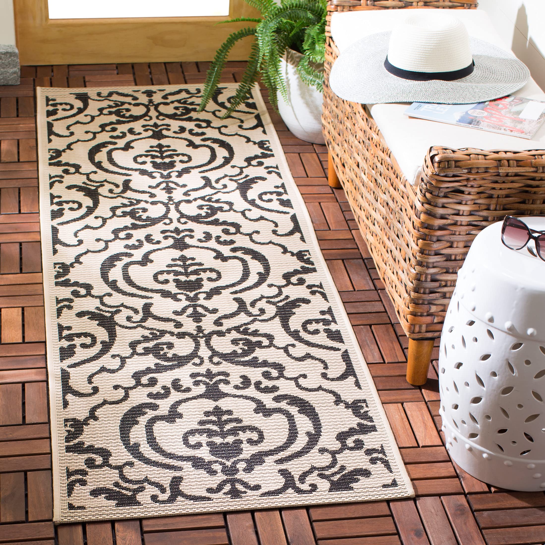 SAFAVIEH Courtyard Collection Runner Rug - 23 x 10, Sand & Black, Non-Shedding & Easy Care, Indoor/Outdoor & Washable-Ideal fo