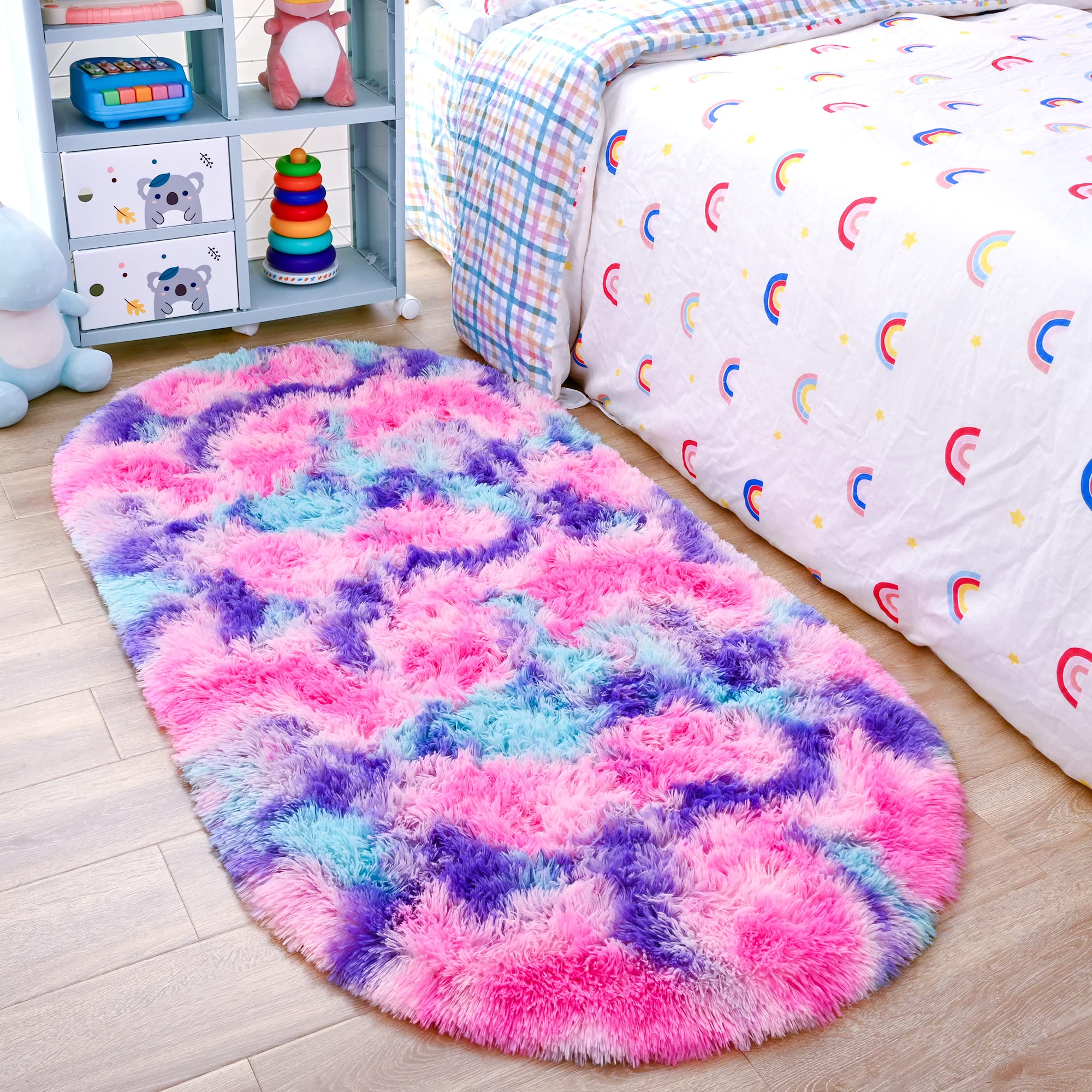 Noahas Oval Fluffy Hot Pink Rainbow Rug 2.6X5.3 Small Kids Rugs for Bedroom Girls Aesthetic,Bedside Bedroom Rug,Ultra Soft Runne