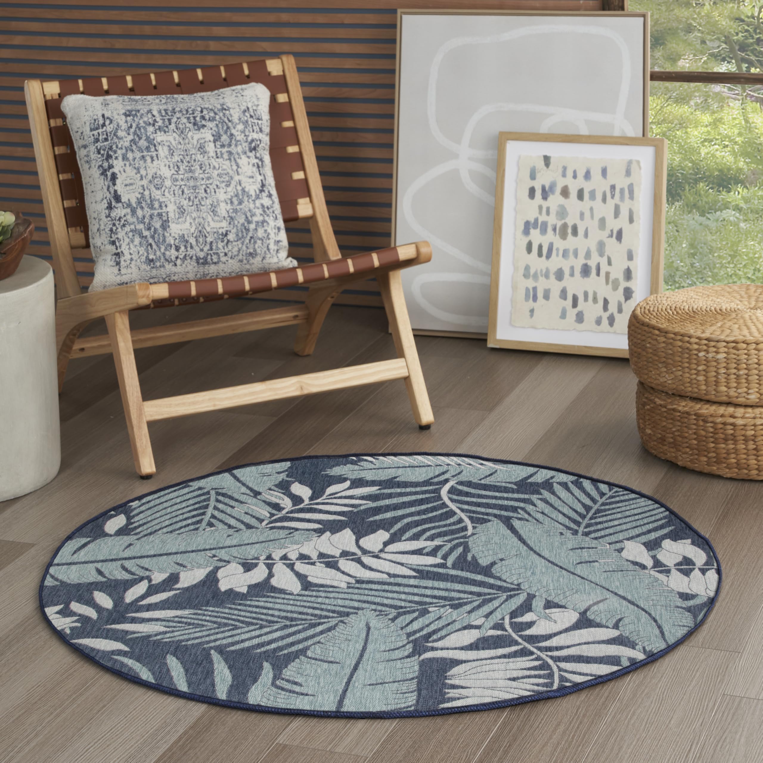 Nourison Garden Oasis Navy 4 x Round Area Rug - Easy Cleaning, Non Shedding, Bed Room, Living Room, Dining Room, Kitchen (4 x 