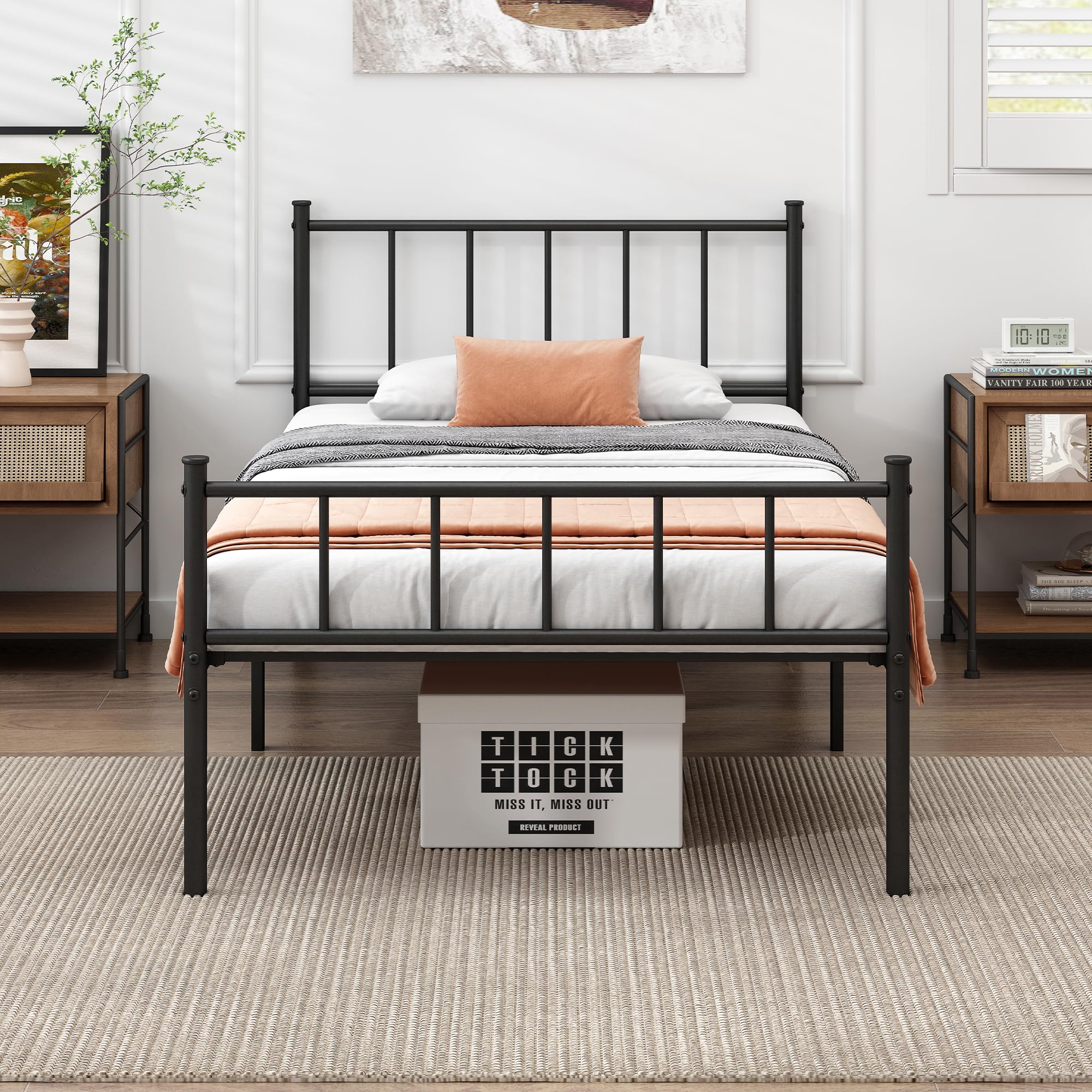 DIIYIV Classic Twin XL Metal Platform Bed Frame with Headboard,Mattress Foundation,Steel Slat Support,Under Bed Storage,No Box S