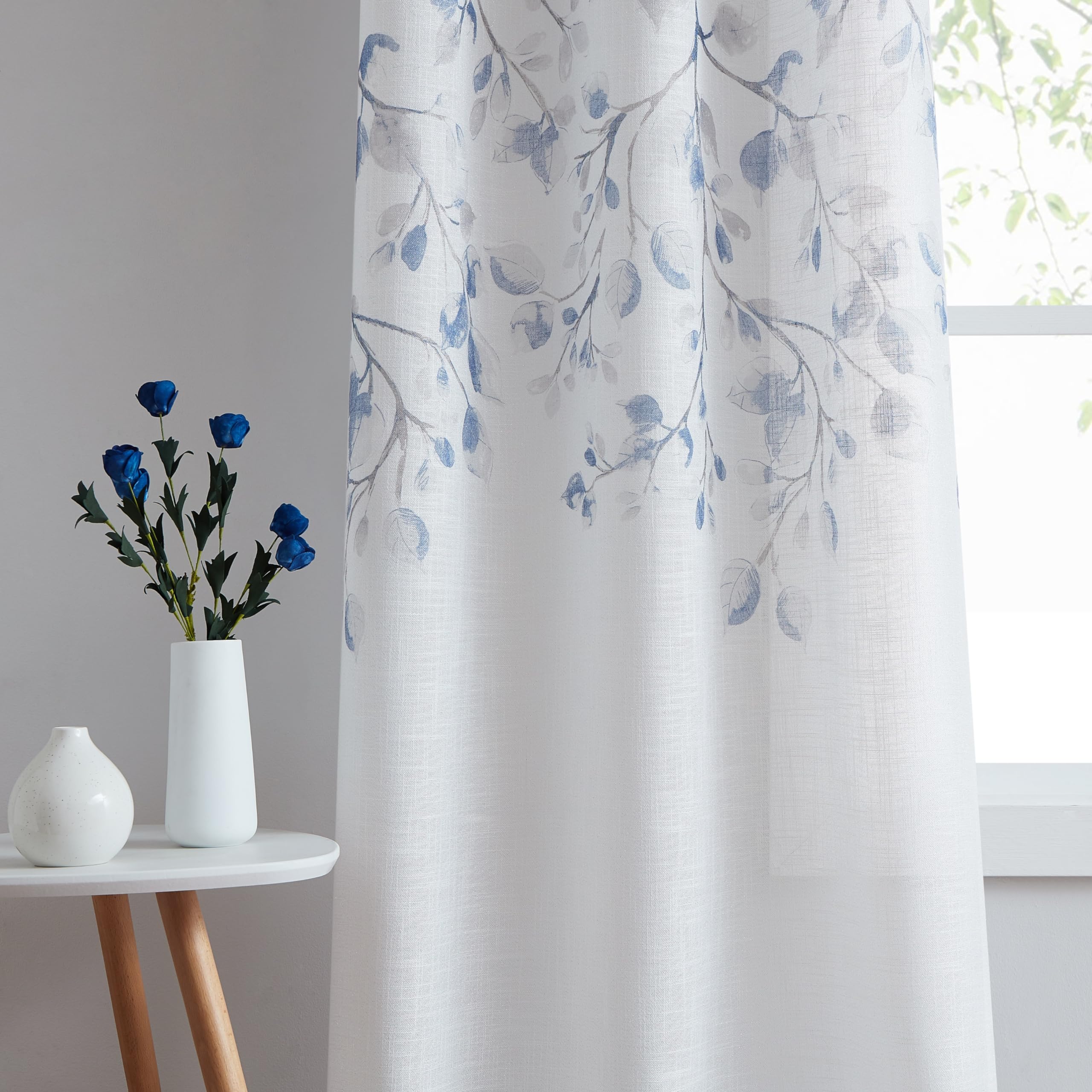 Navy Blue Leaf Floral Print Metallic Sheer Curtain Panel for Rustic Living Room Bedroom Sparkling Decorative Grommet Top Window 