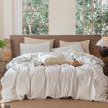 MooMee Striped Duvet Cover Set 100% Washed Cotton Linen Like Textured Breathable Durable Soft Comfy (White Cornflower Blue Wide 