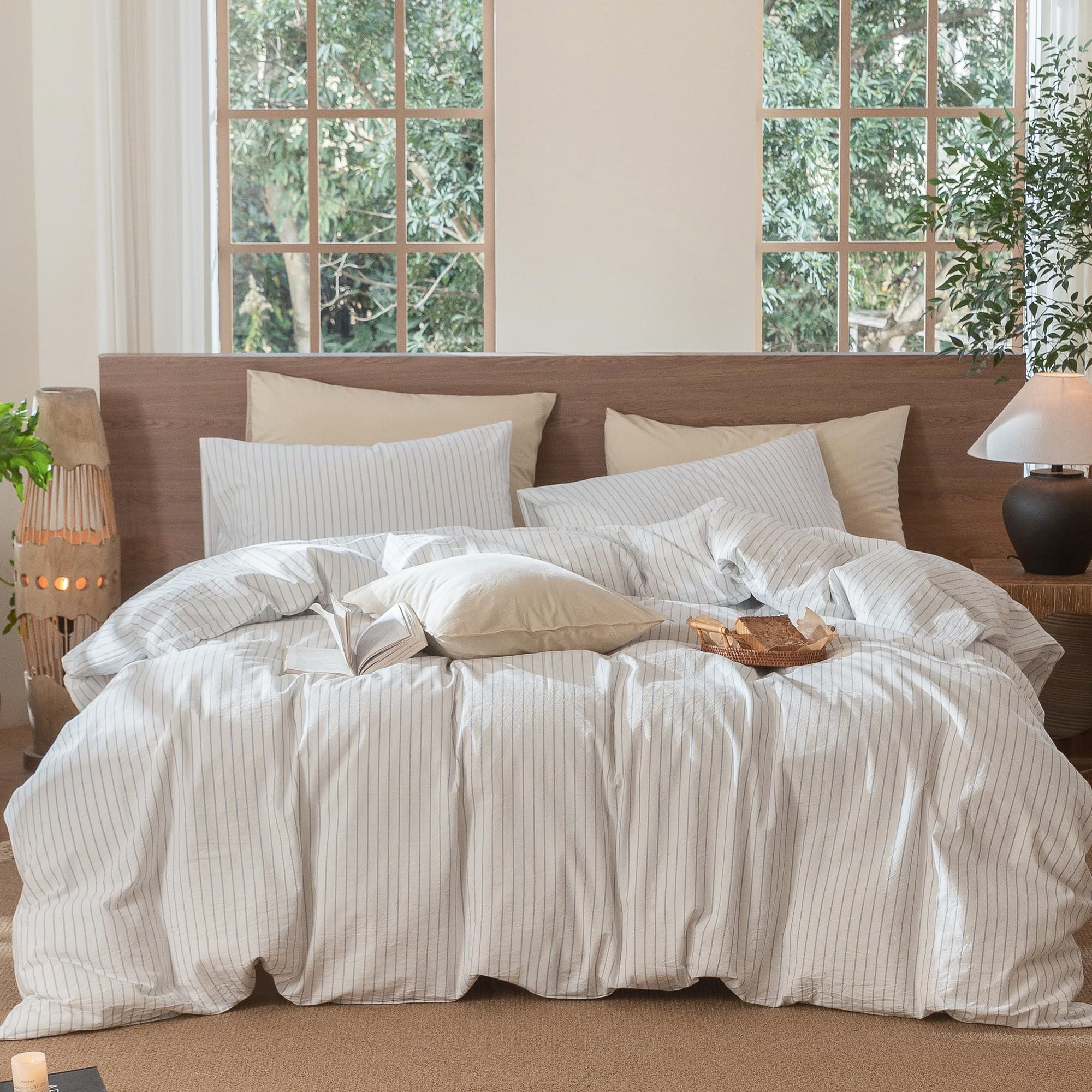 MooMee Striped Duvet Cover Set 100% Washed Cotton Linen Like Textured Breathable Durable Soft Comfy (White Cornflower Blue Wide 