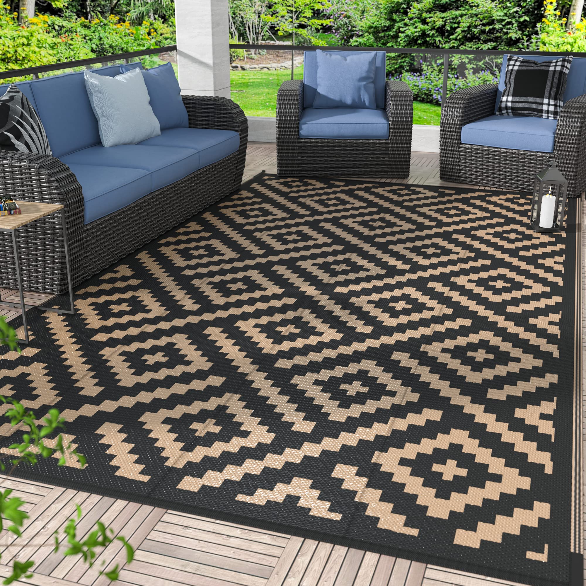 GENIMO Outdoor Rug 4x6 Waterproof, Reversible Mats, Outdoor Area Rug, Plastic Outside Carpet, Eeometric Rv Mat for Patio Camping