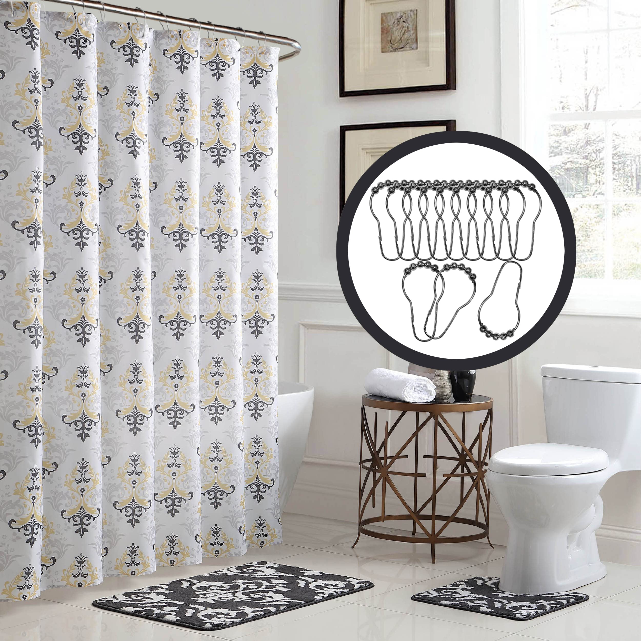 Creative Home Ideas 15-Piece Bathroom Shower Curtain Set, 72x72, Cameron Yellow/Grey/White