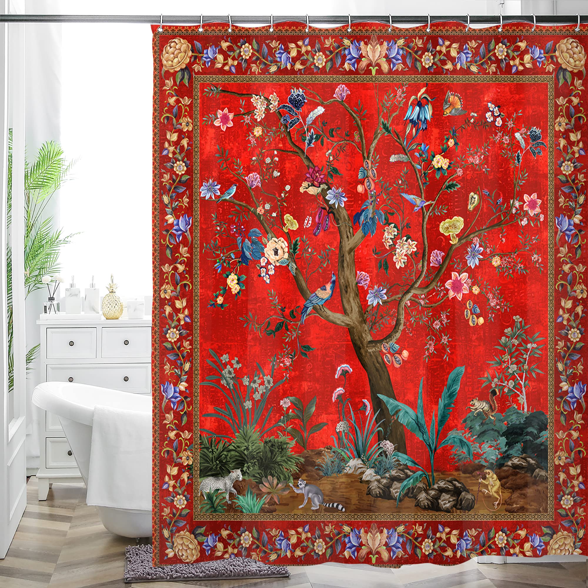 HMS Happy Memories Bohemian Flower Bathroom Curtain Colorful Boho Floral Print Beautiful Bright Polyester Fabric Cloth Shower Cu