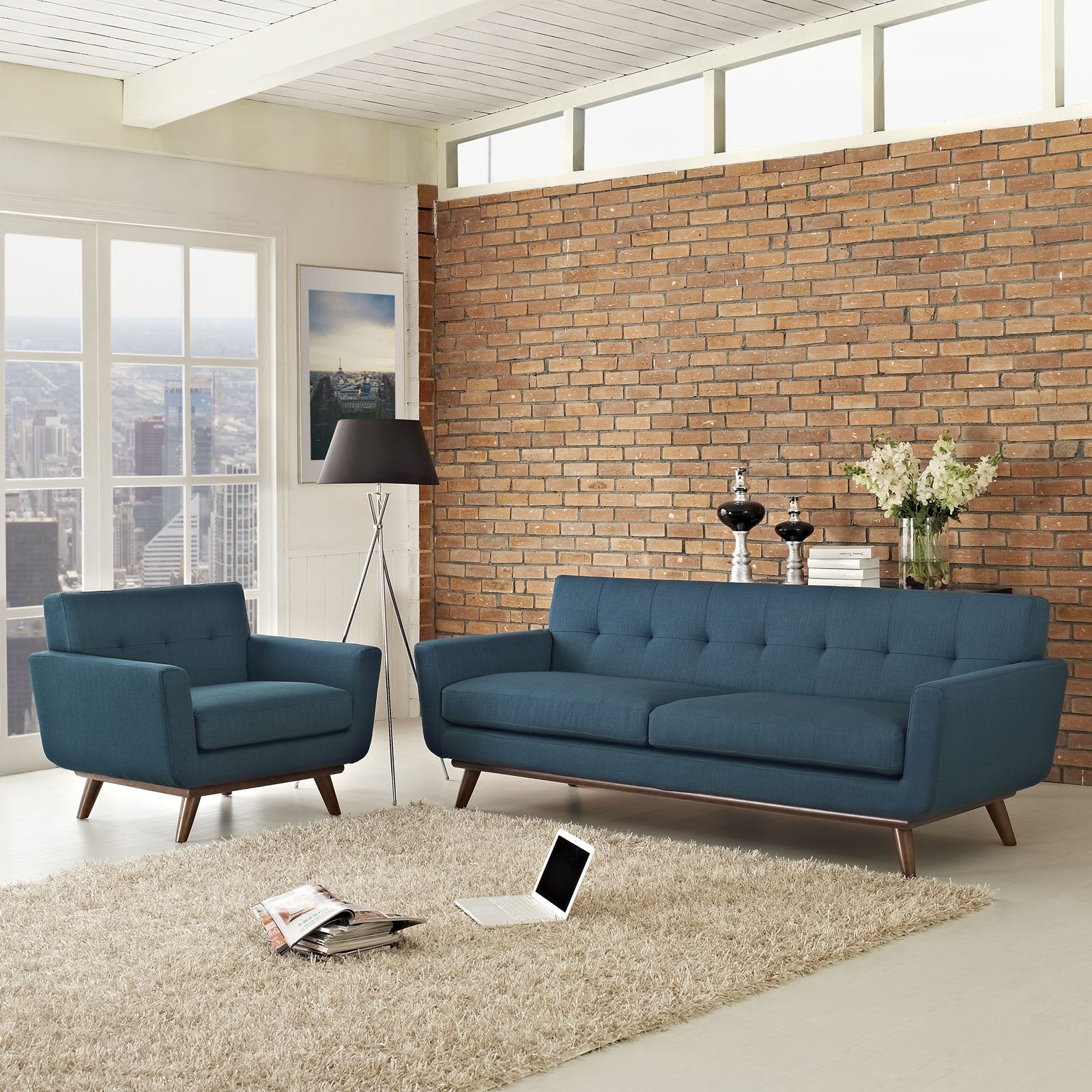 Modway Engage Mid-Century Modern Upholstered Set in Azure, Armchair and Sofa
