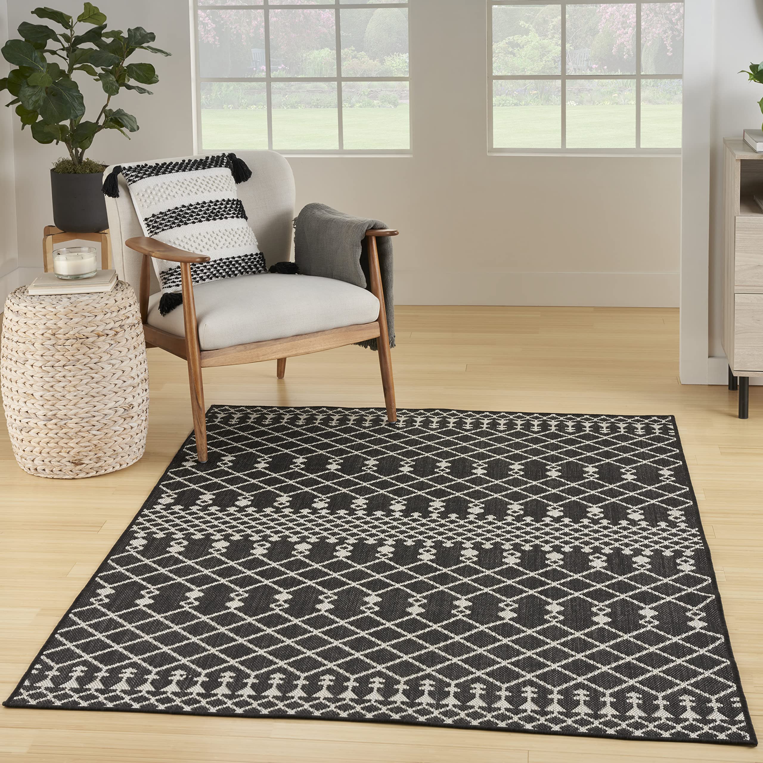 Nourison Positano Indoor/Outdoor Black 6 x 9 Area Rug, Easy Cleaning, Non Shedding, Bed Room, Living Room, Dining Room, Deck, 