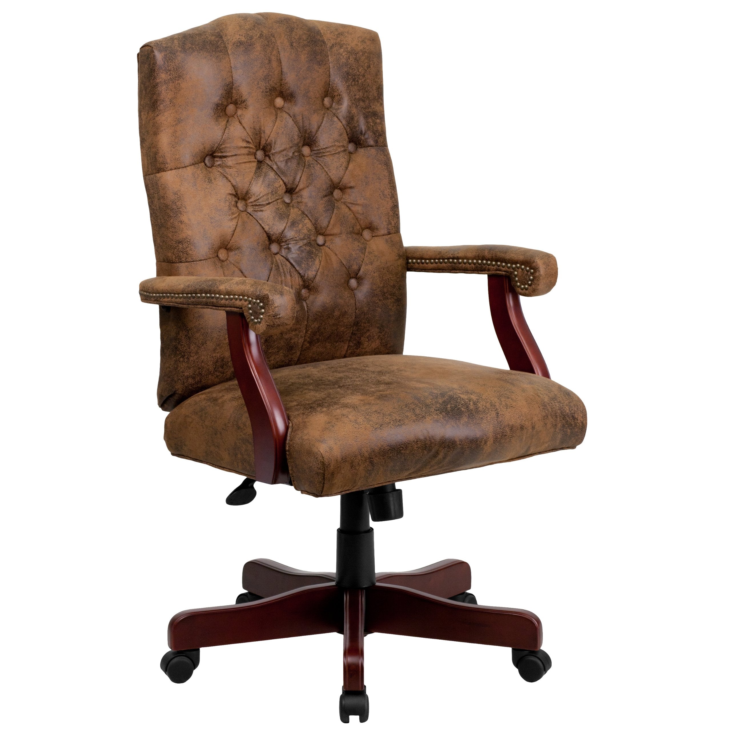 Flash Furniture Derrick Traditional Microfiber Tufted Swivel Office Chair with Wood Base, Ergonomic Farmhouse High-Back Desk Cha