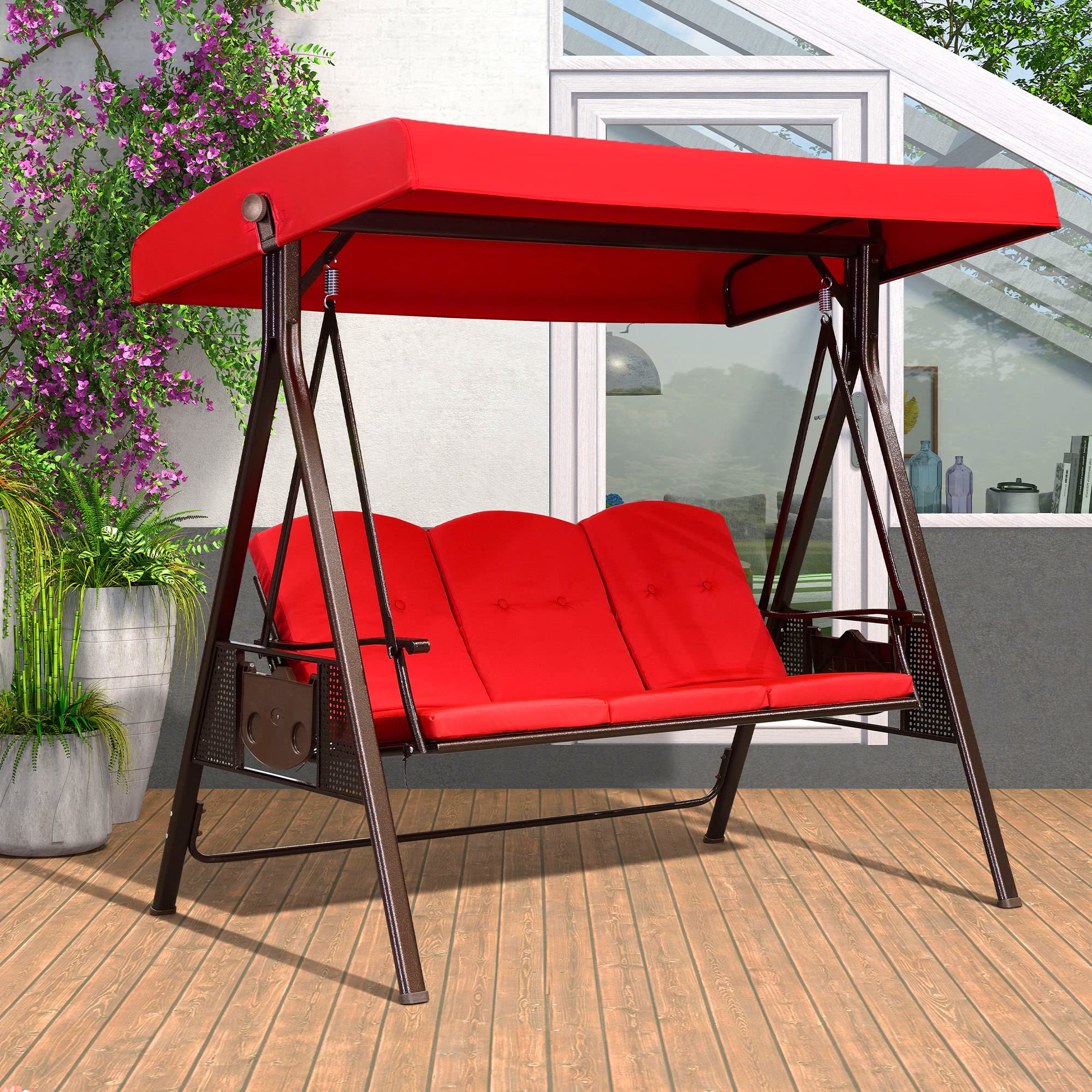 PURPLE LEAF 3-Seat Deluxe Outdoor Patio Porch Swing with Weather Resistant Steel Frame, Adjustable Tilt Canopy, Cushions and Pil