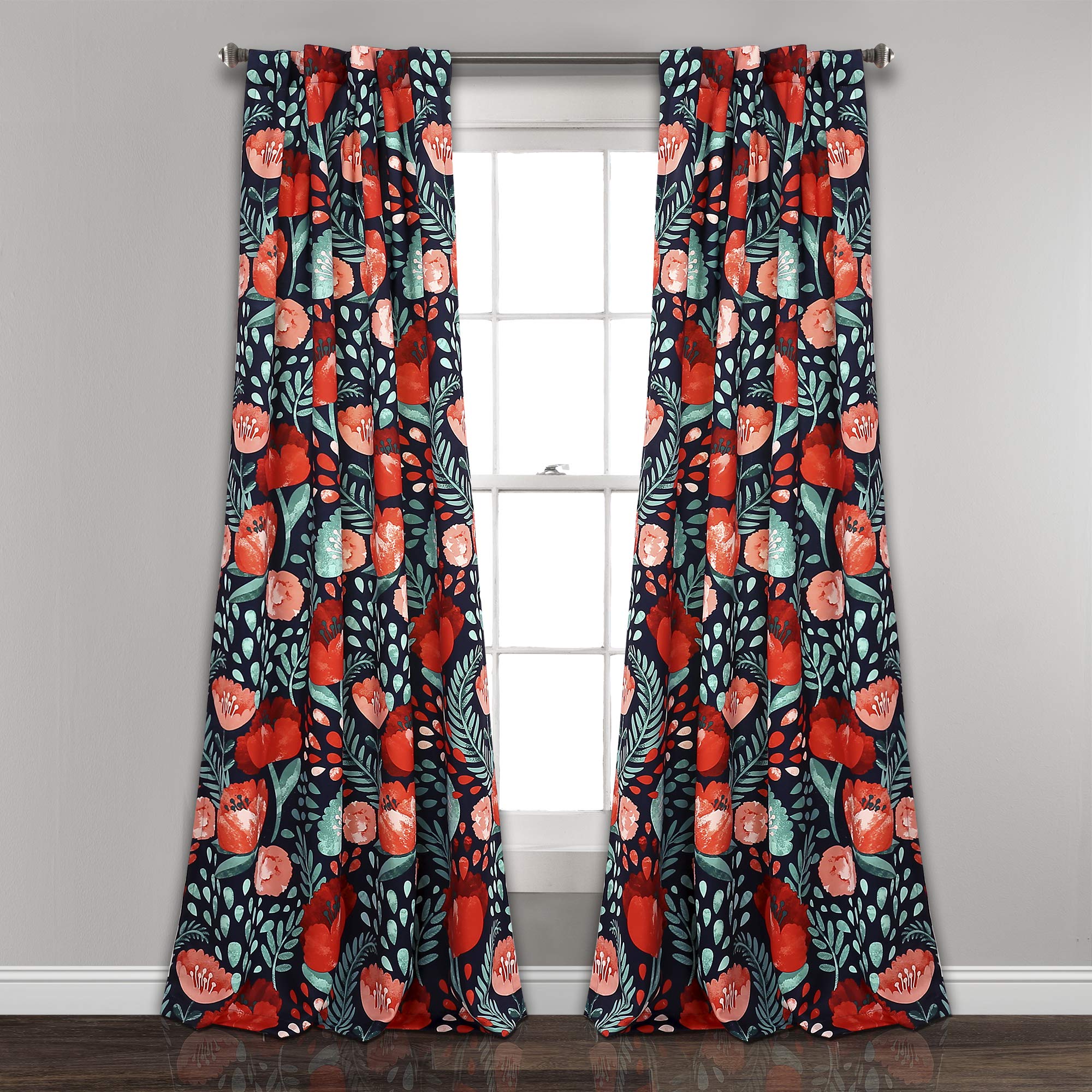 Lush Decor x 52    Navy Poppy Garden Curtains Light Filtering Window Set for Living, Dining, Bedroom, 108 in L Panel Pair