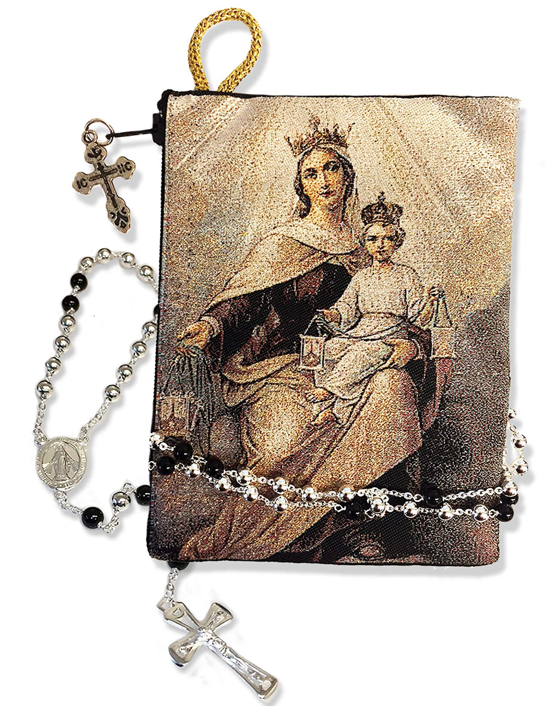 Blessed Virgin Mary Our Lady of Mount Carmel Tapestry Icon Rosary Pouch 5 3/8 Inch, Keepsake Holder