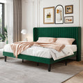 SHA CERLIN King Size Velvet Bed Frame with Vertical Channel Tufted Wingback Headboard, Upholstered Platform Bed with Wood Slats,