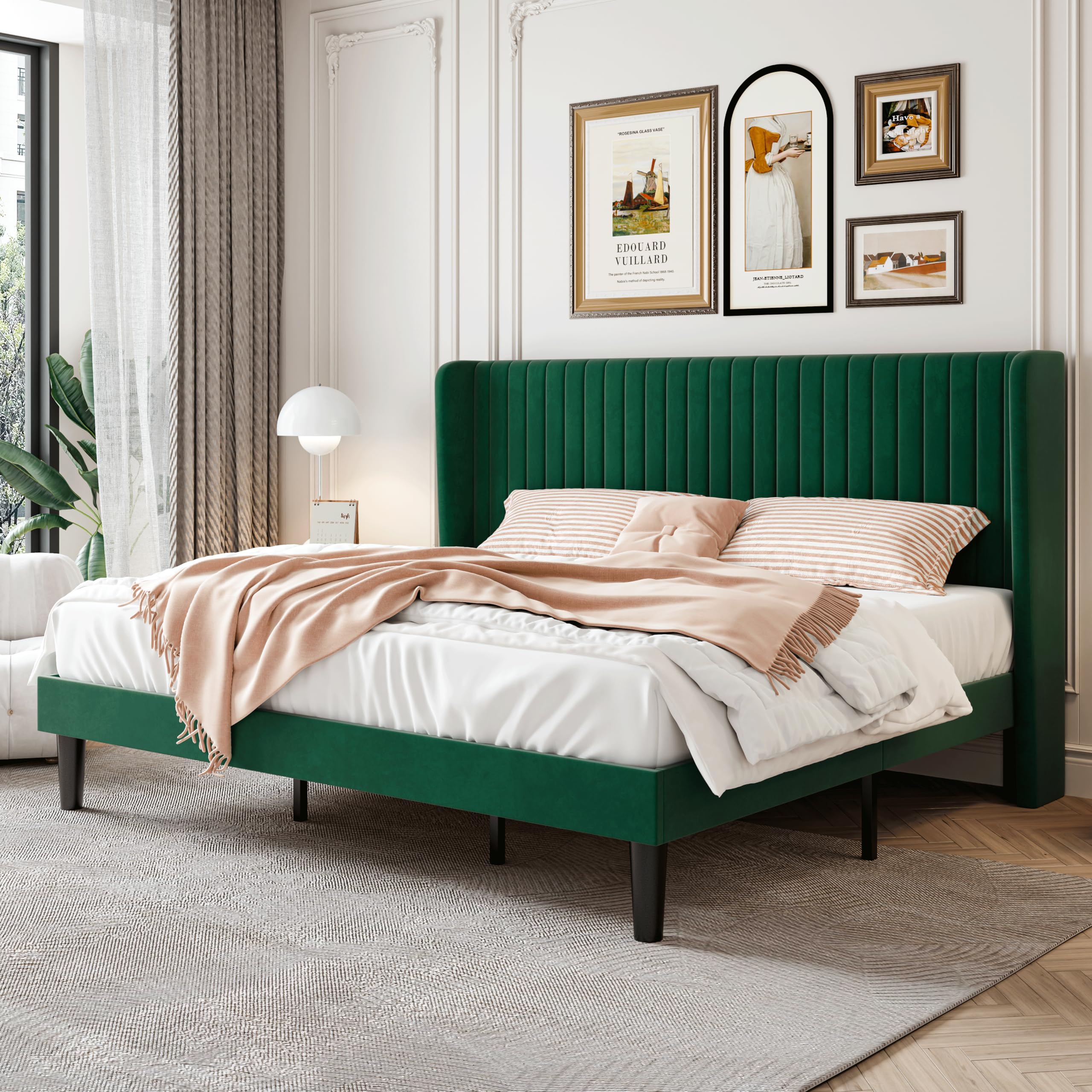 SHA CERLIN King Size Velvet Bed Frame with Vertical Channel Tufted Wingback Headboard, Upholstered Platform Bed with Wood Slats,