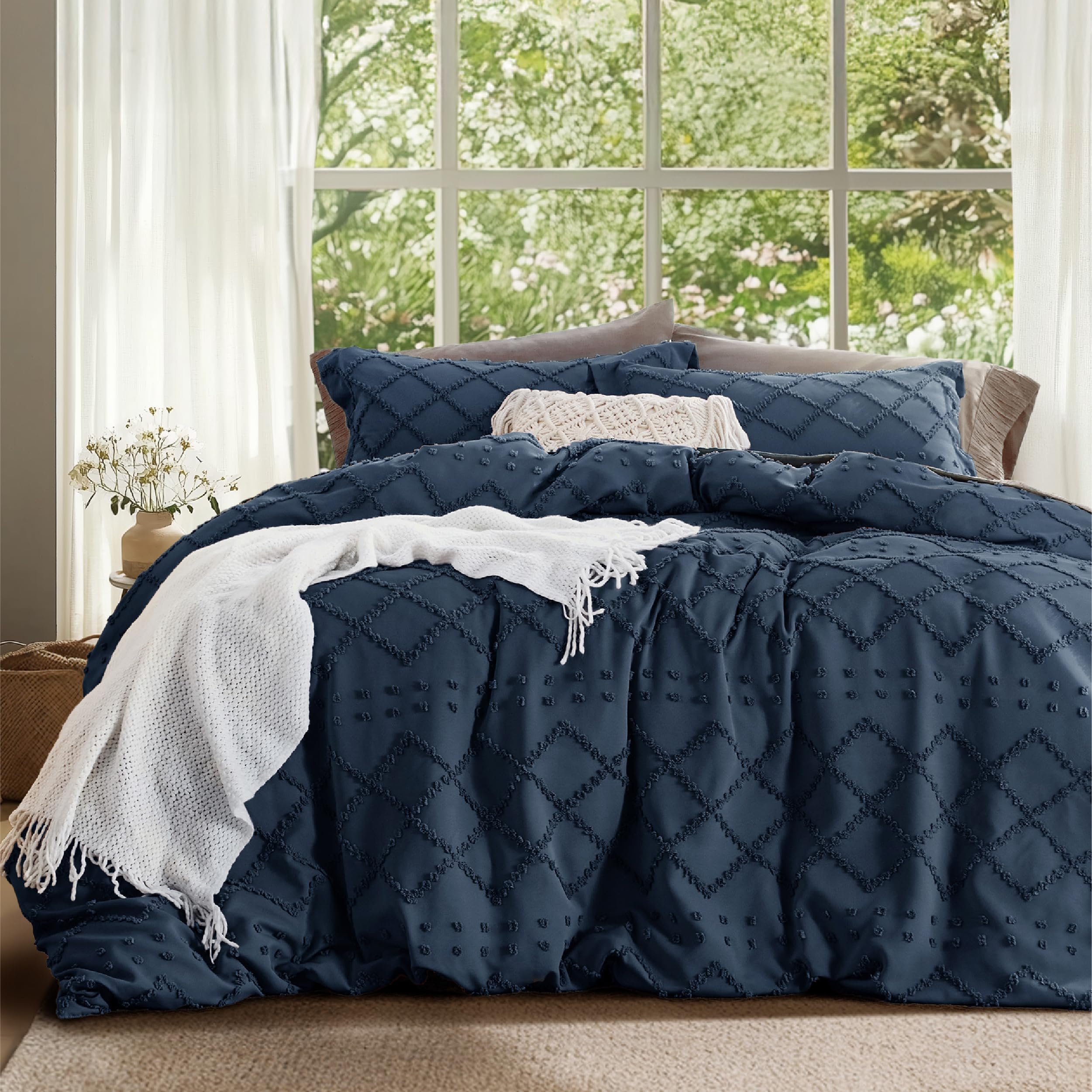 Bedsure Boho Oversized King Duvet Cover - Navy Breathable & Soft Boho Bedding, Machine Washable Comforter Cover for All Seasons,