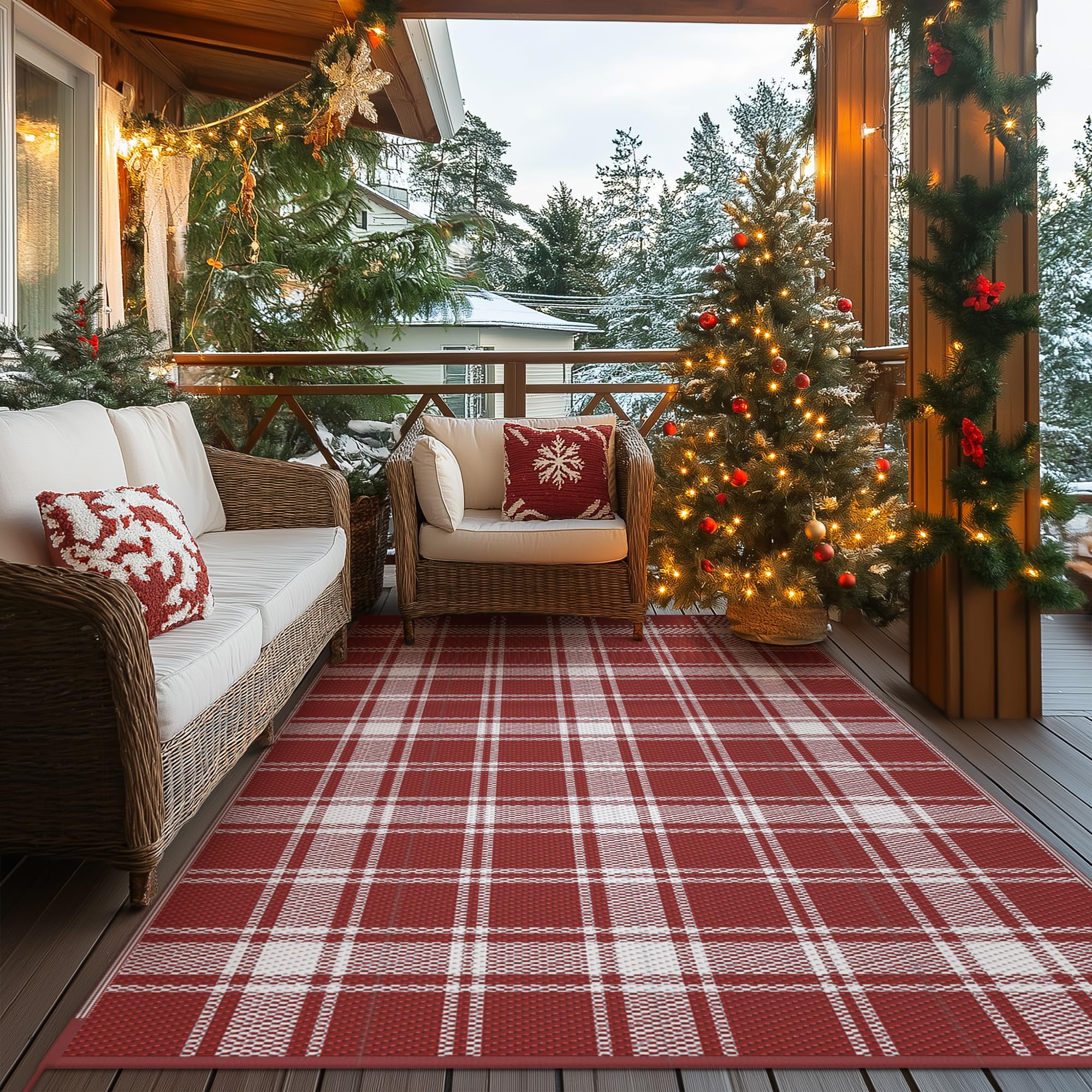 GENIMO Christmas Outdoor Rug for Patio, 5x8 Waterproof Reversible Plastic Straw Rugs, Lightweight RV Camping Mat for Camper, B