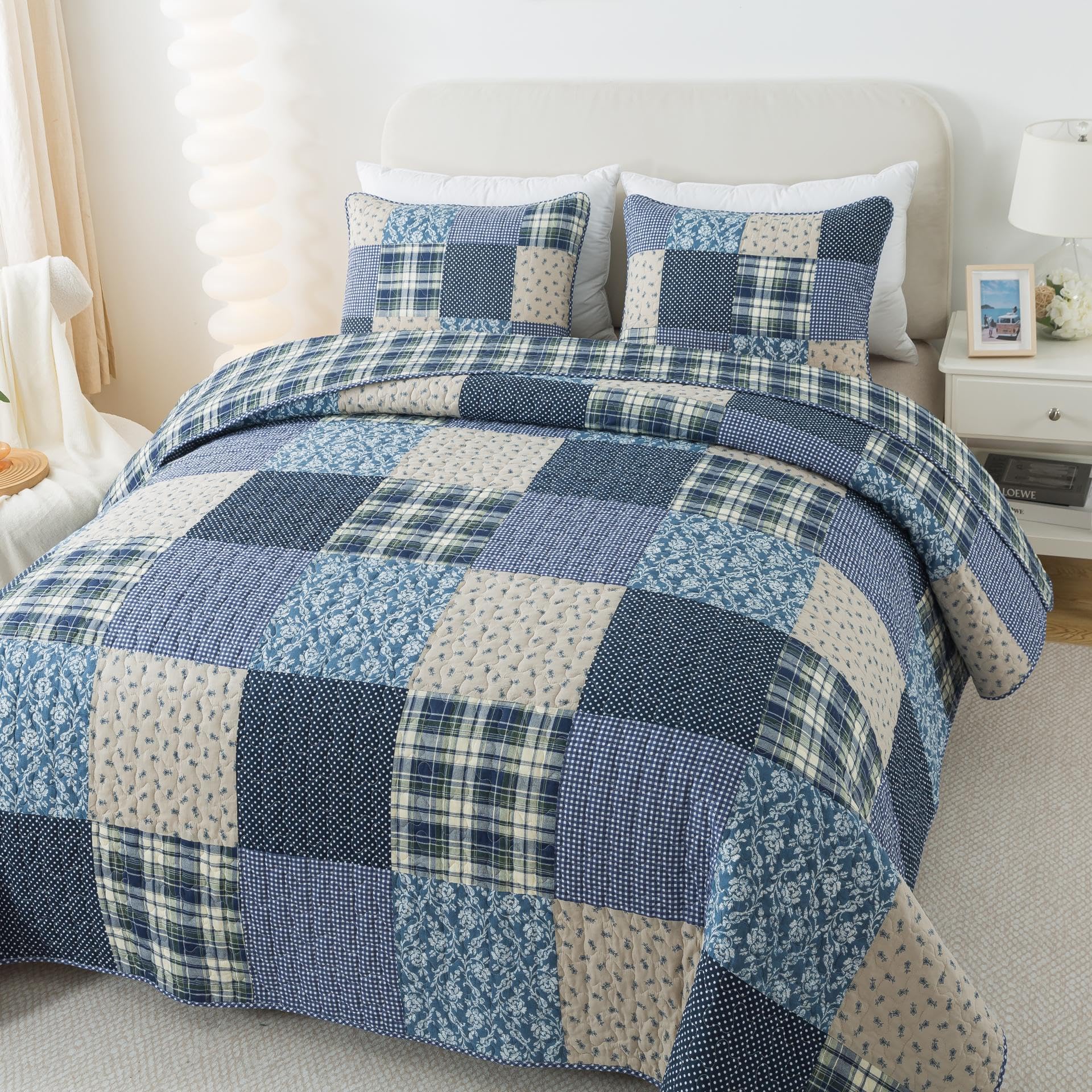 SLPR Blue Symphony Cotton Pieced Quilt Set - Twin with 1 Sham, Farmhouse Patchwork Quilted Bedspread with Check and Plaid Patter