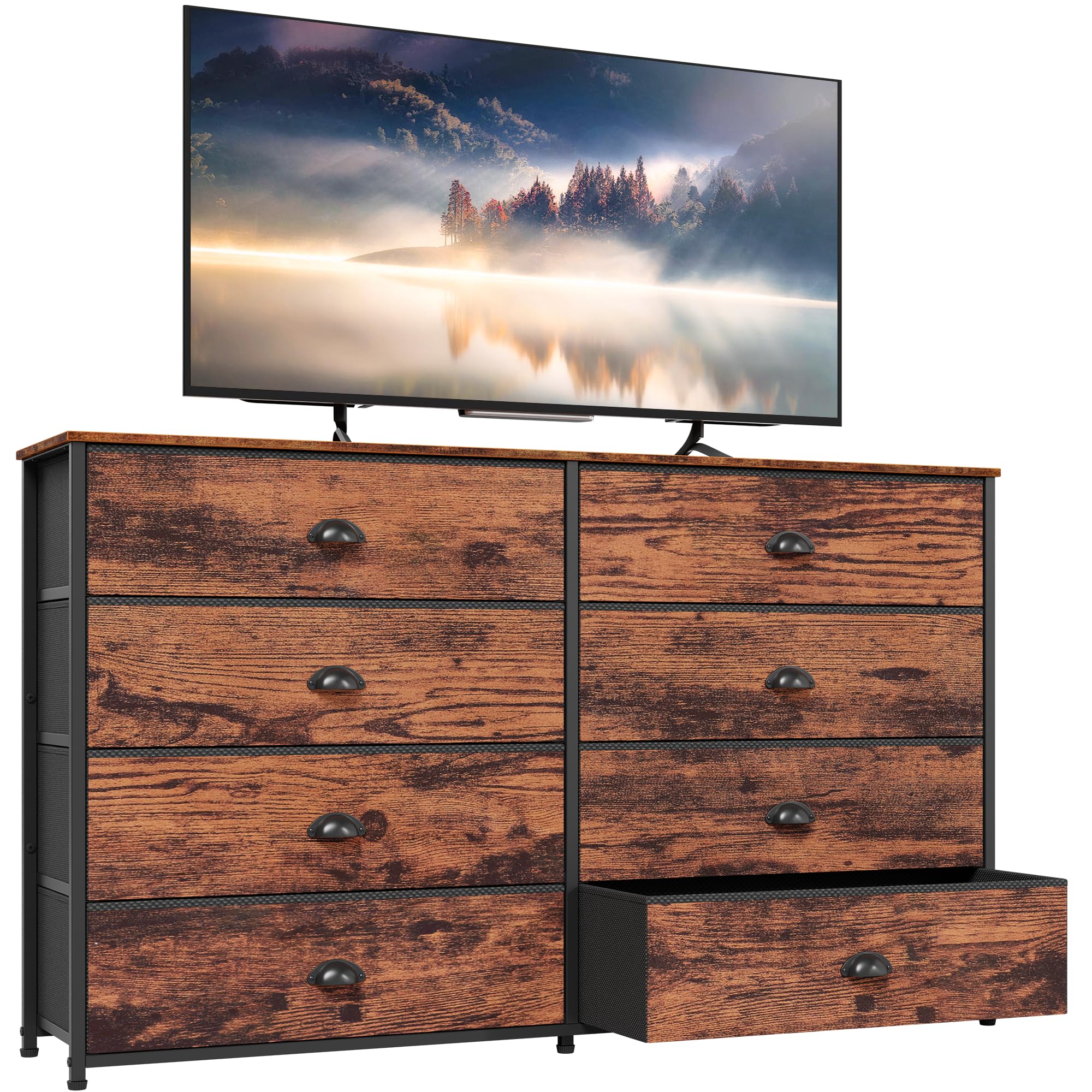 Furnulem Long Dresser for Bedroom, TV Stand for 55   TV, Wide Storage Drawer Unit with 8 Fabric Bins, Double Dresser for Bedro