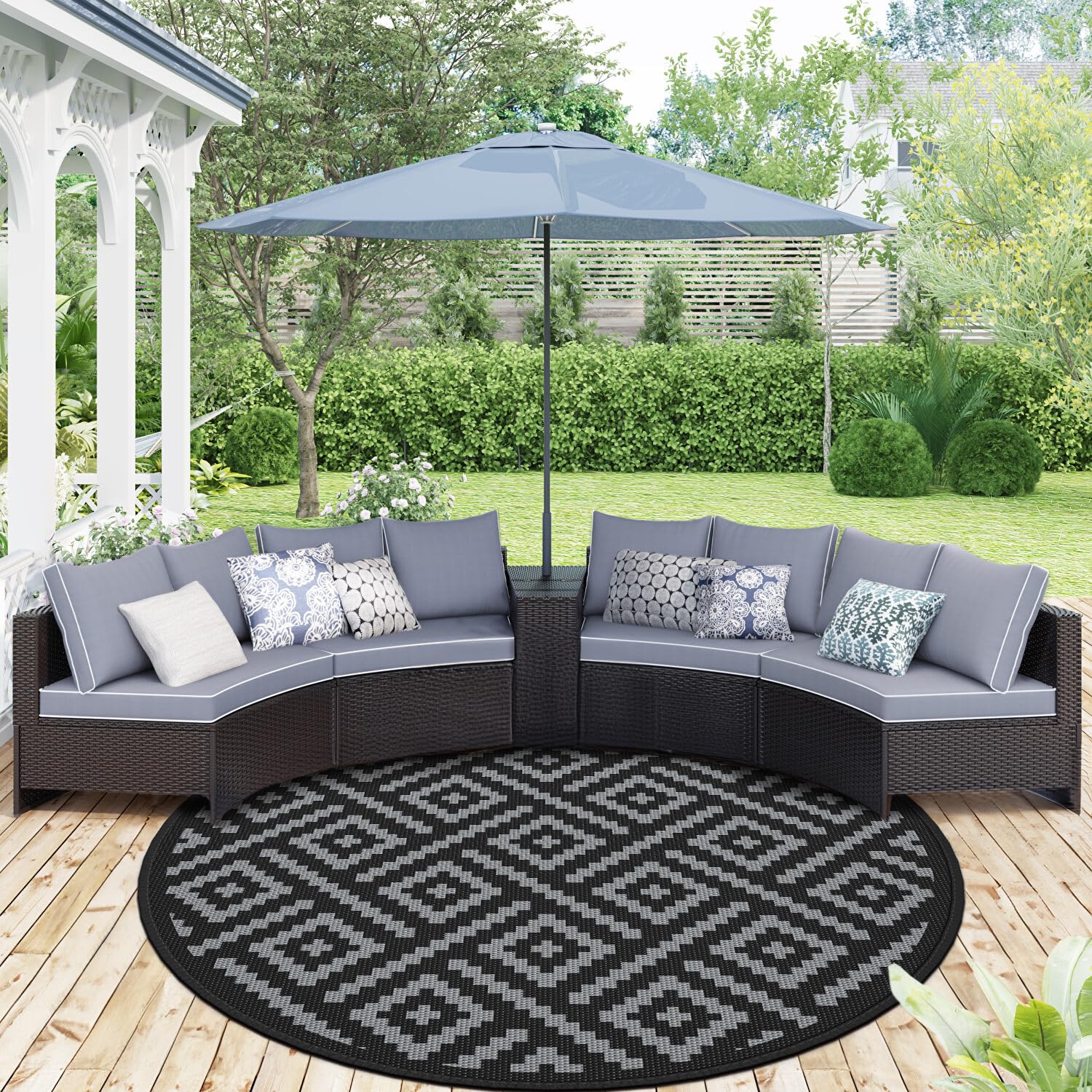 GENIMO 8 Round Outdoor Rug for Patios Clearance, Reversible Plastic Straw Rugs, RV Camping Mat for Camper, Balcony, Backyard, P