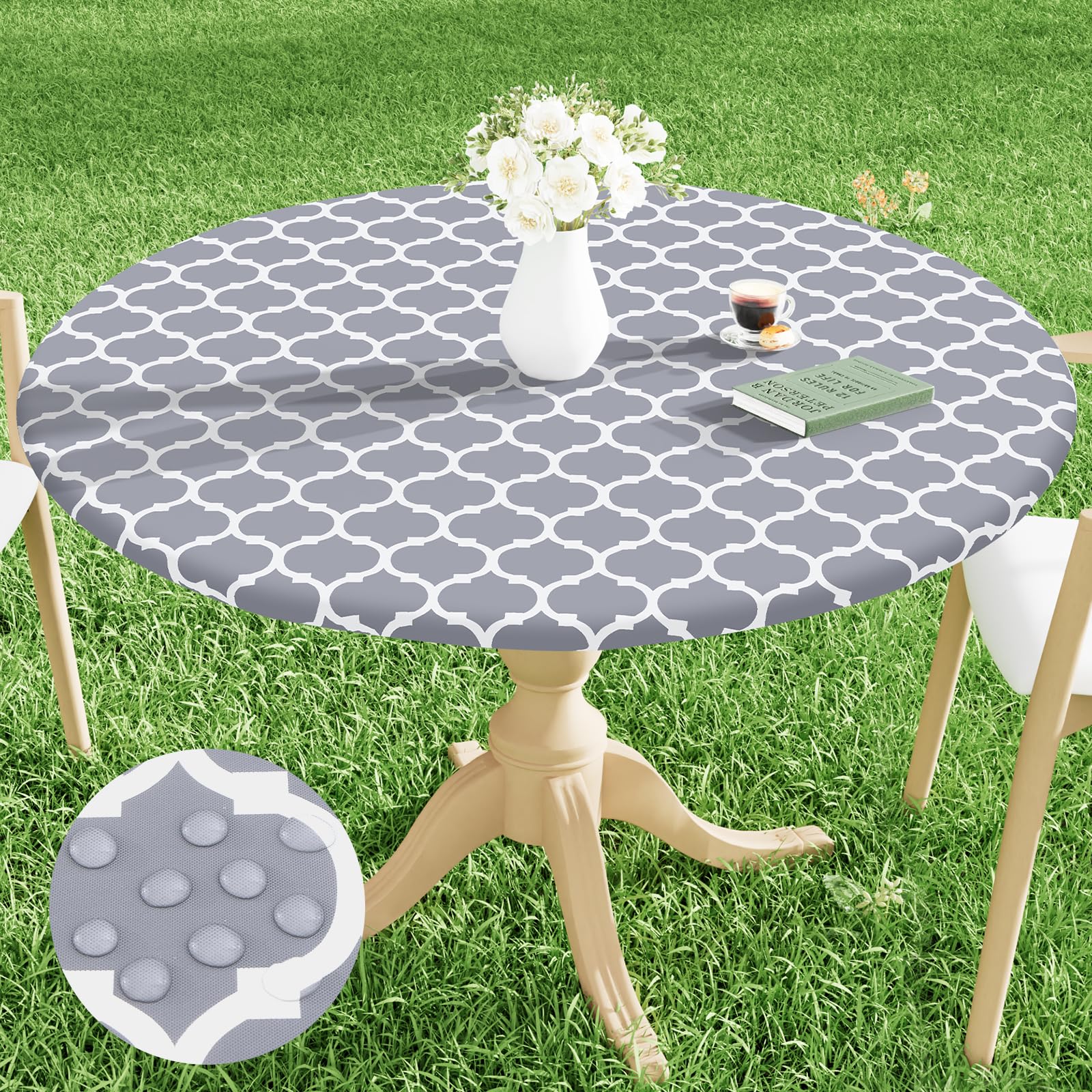 smiry Round Picnic Tablecloth, Waterproof Elastic Fitted Table Covers for 45 - 56 Tables, Wipeable Flannel Backed Vinyl Tableclo